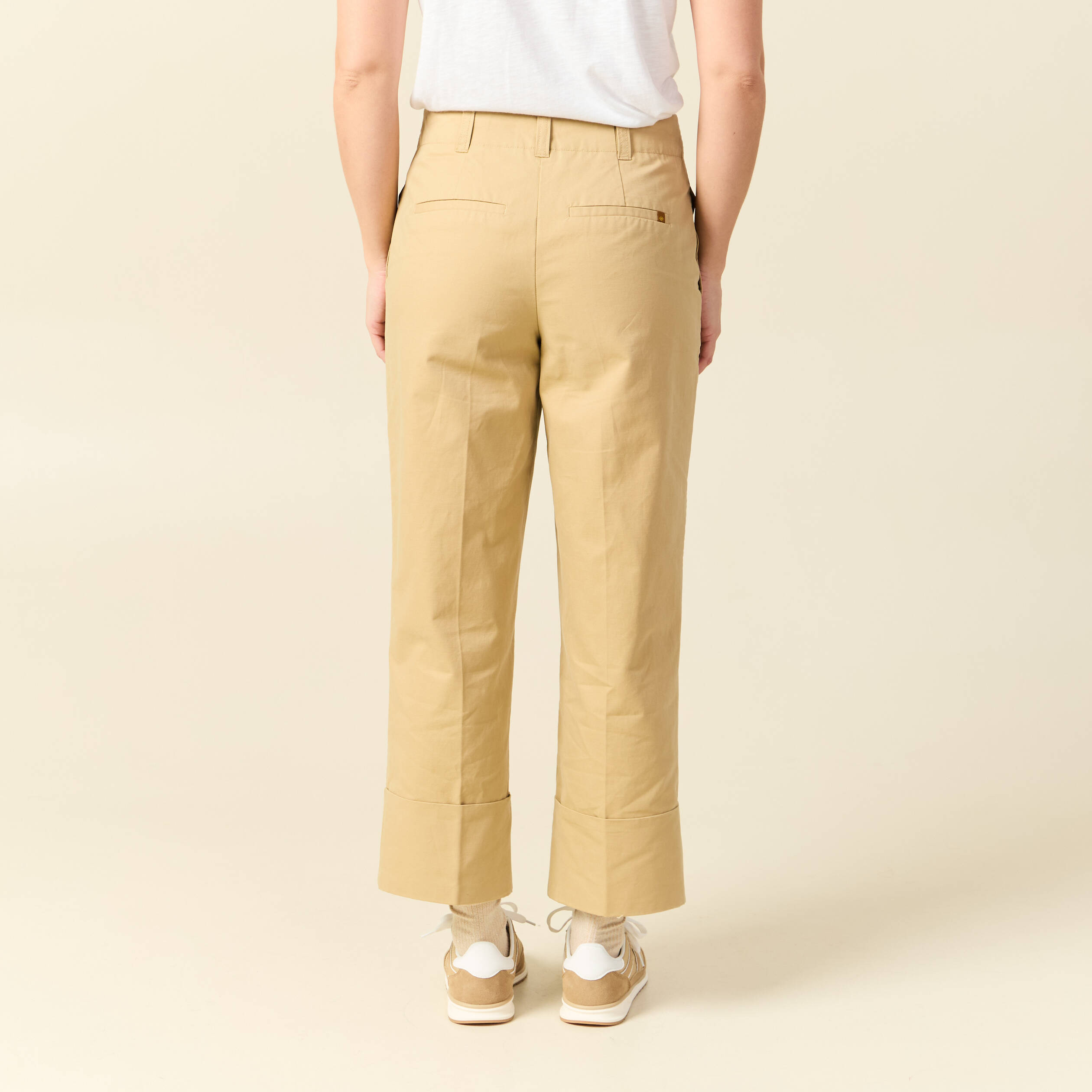 Pantalon large cropped taille haute beige femme