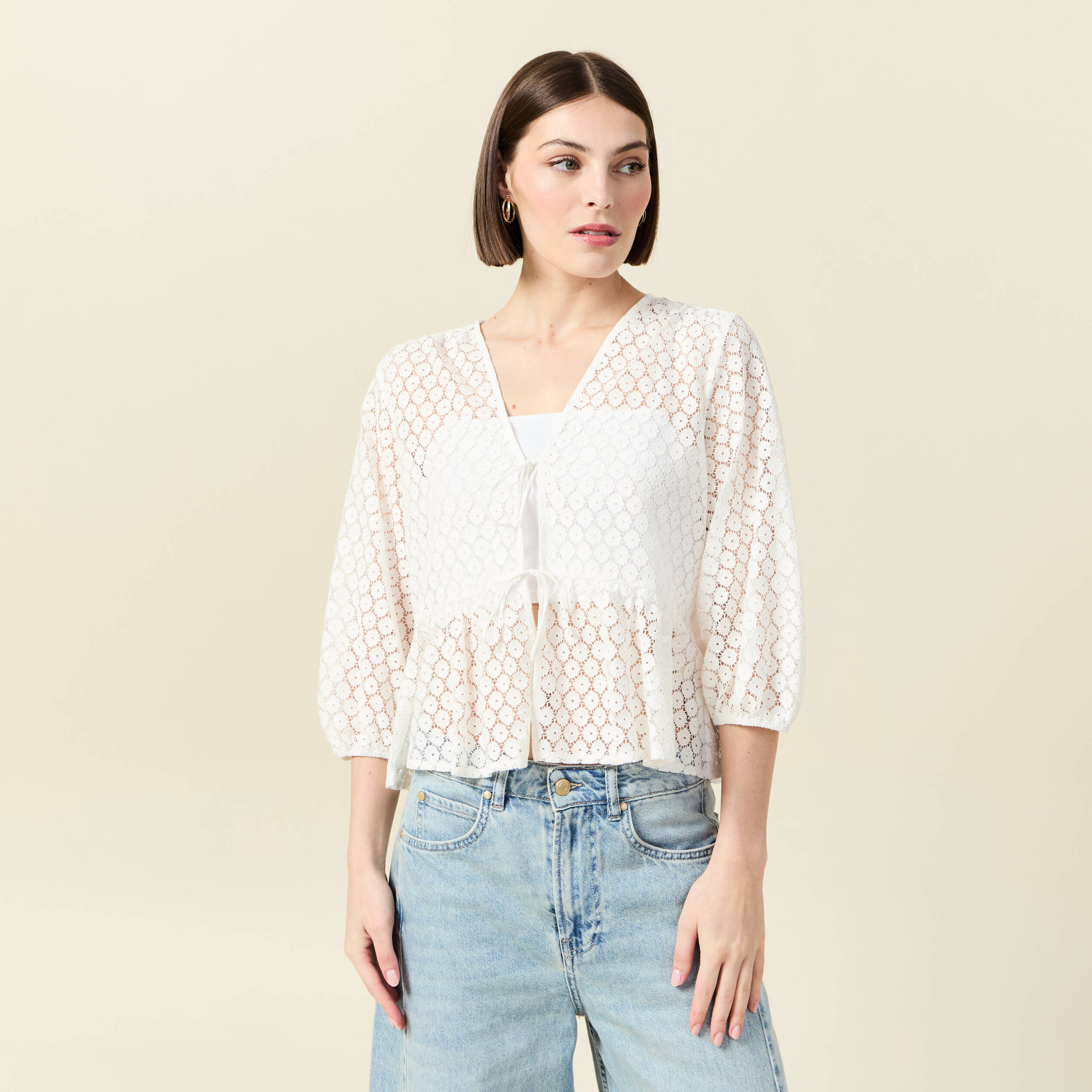 chemise cintree courte manches 34 ecru femme Chemise cintrée courte manches 3/4 ecru femme