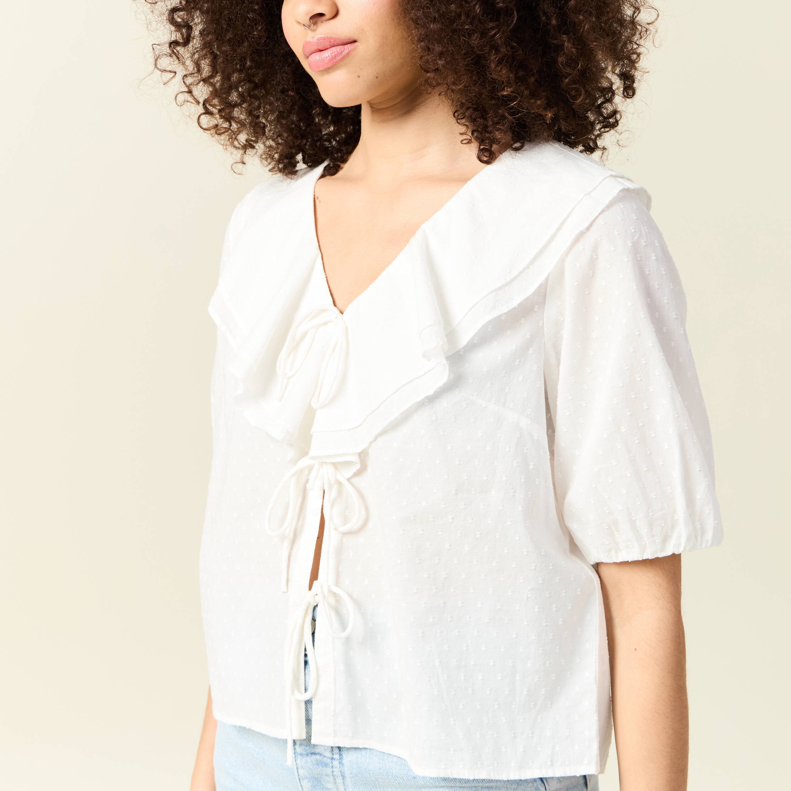 blouse manches courtes nouee ecru femme Blouse manches courtes nouée ecru femme