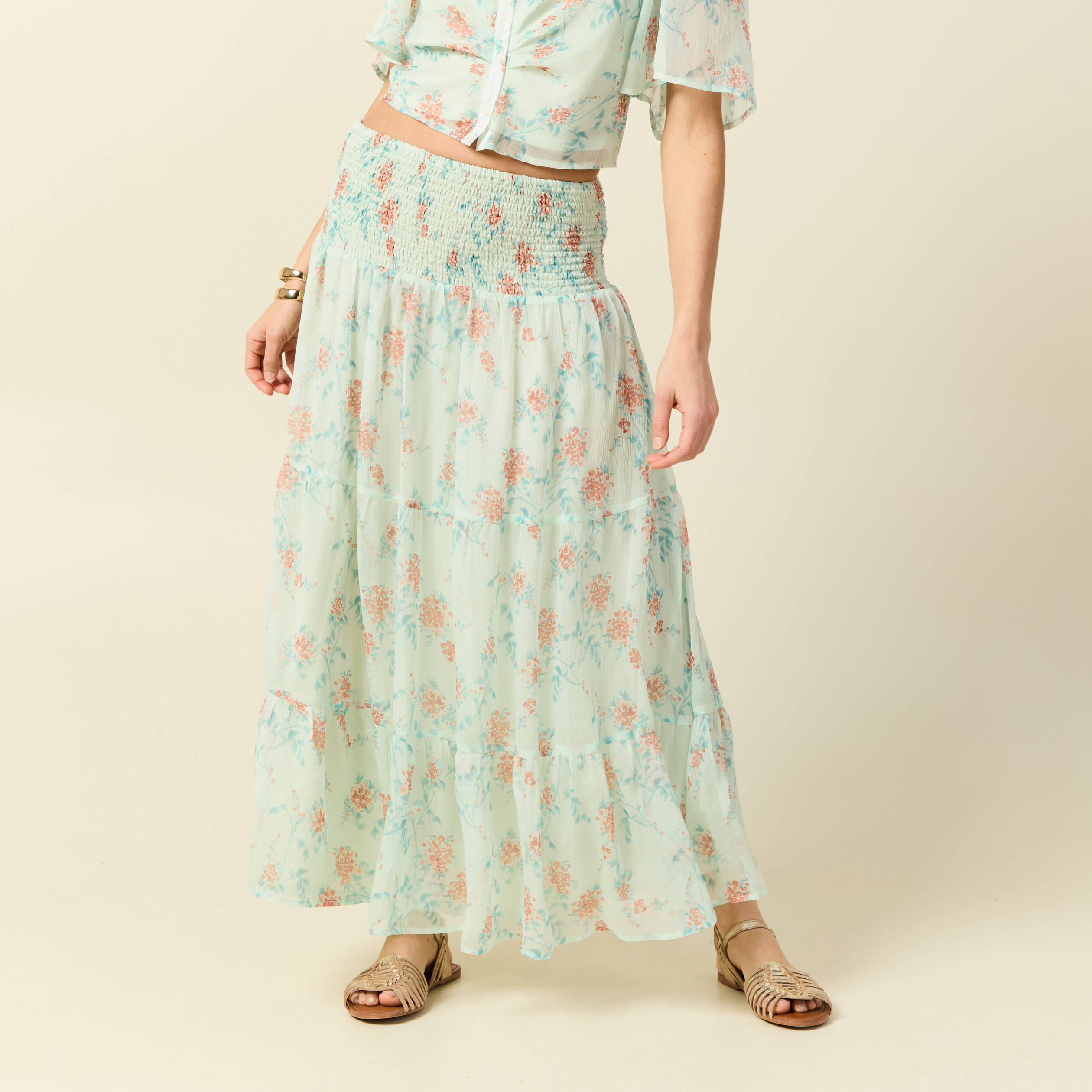 Jupon taille haute doubl&eacute; fluide vert pastel femme
