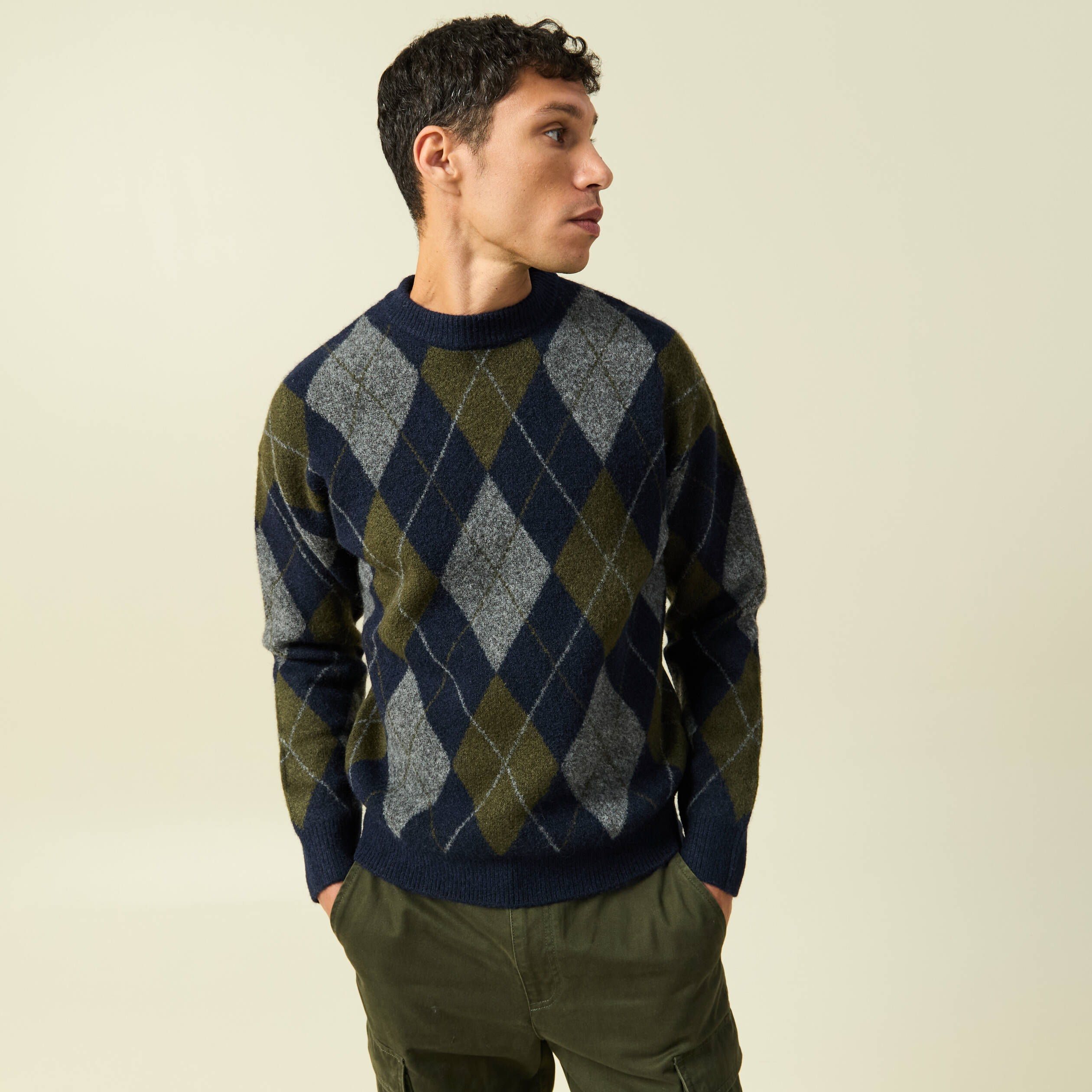 Pull col rond manches longues bleu marine homme