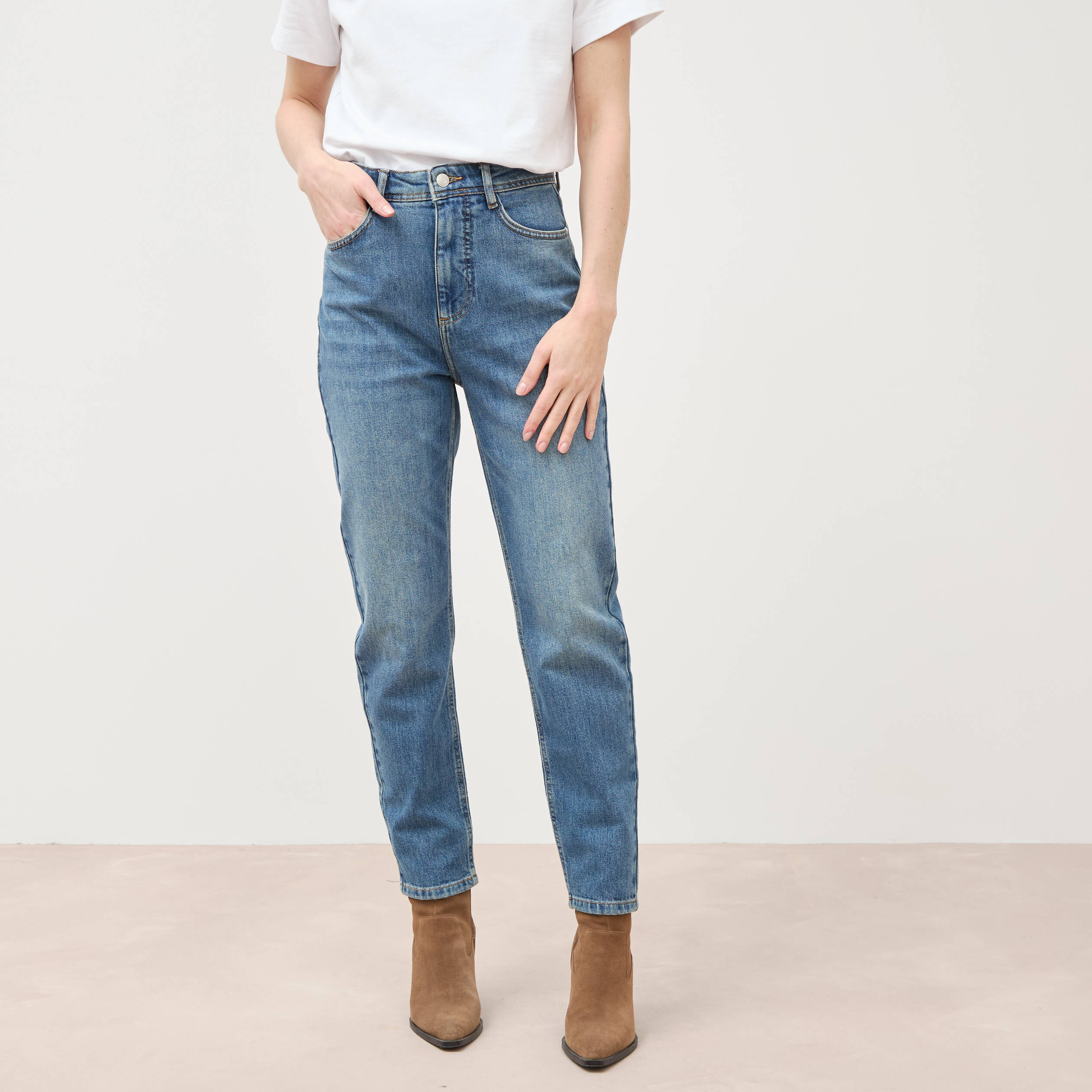 Jeans mom cropped taille haute denim dirty femme