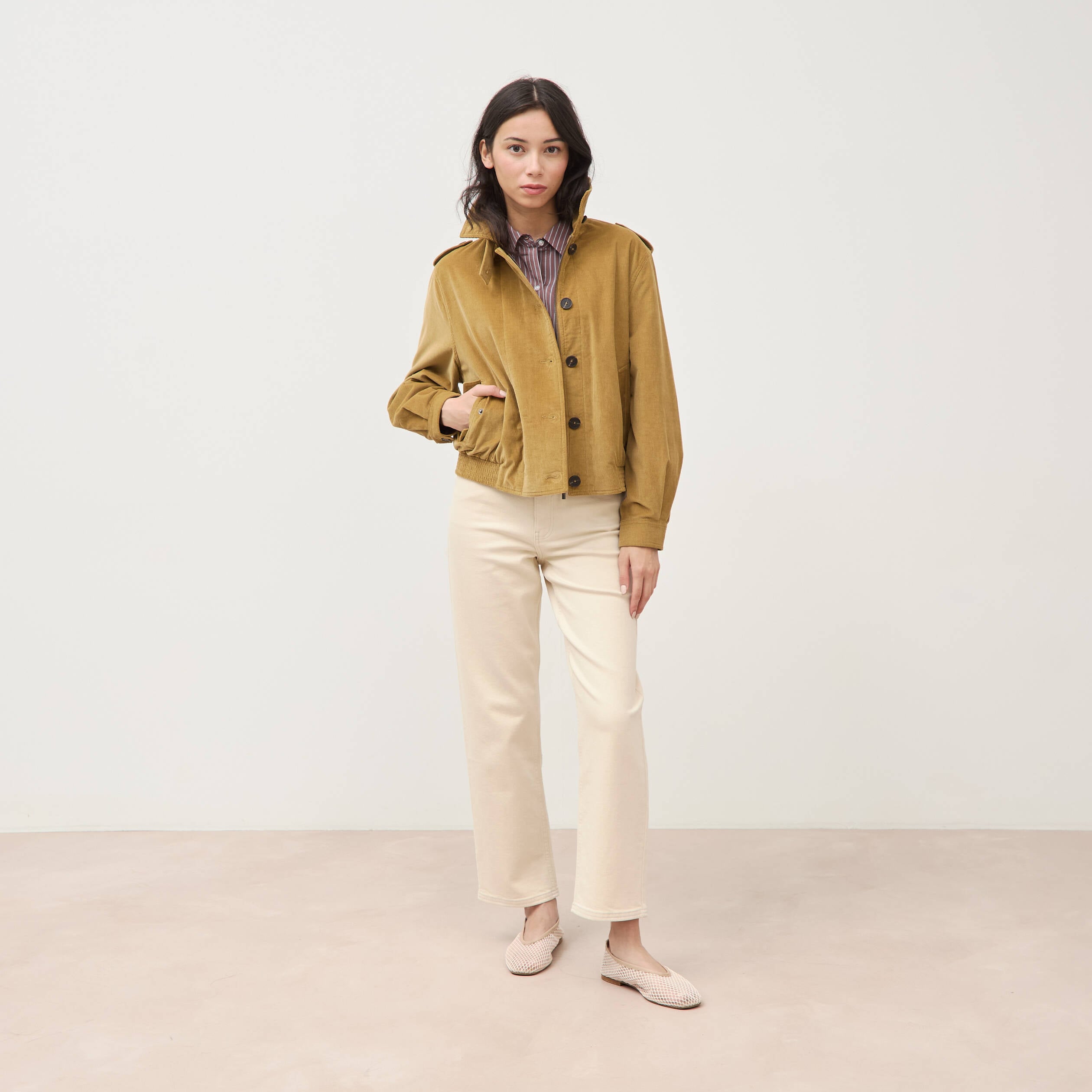 Veste en velours col biker camel femme