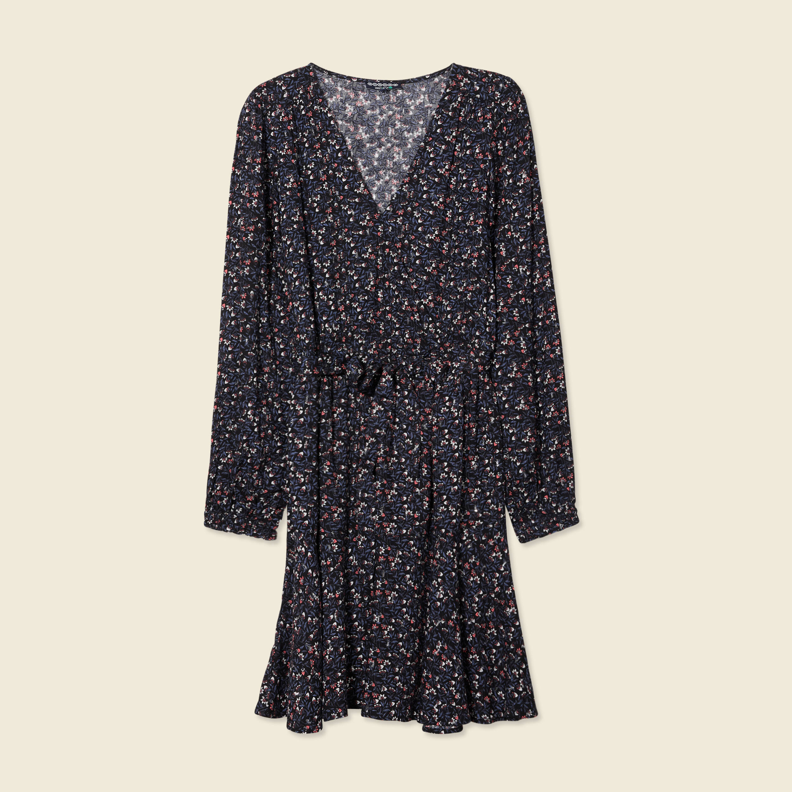 Robe droite courte col v manches longues noir femme