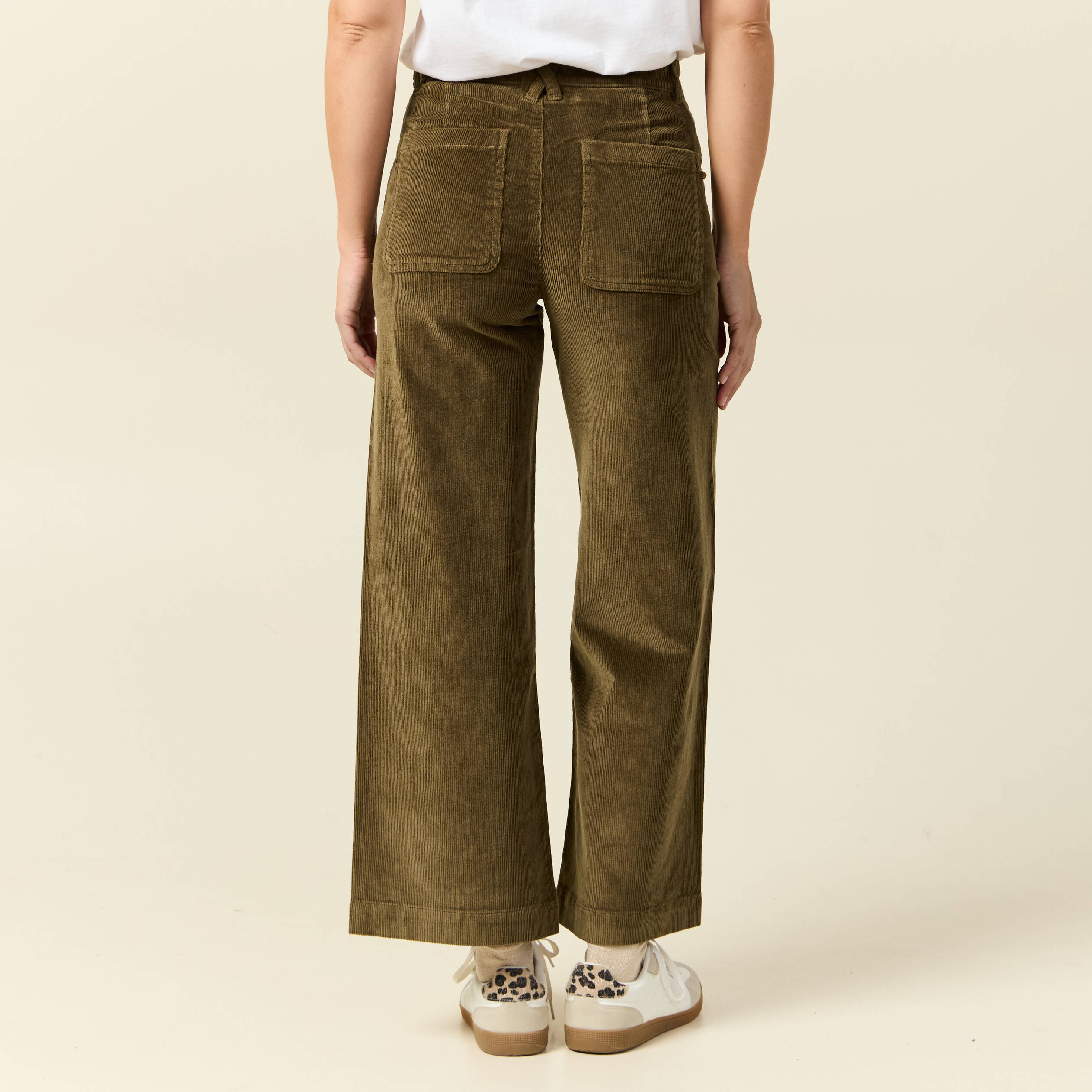 Pantalon large taille haute en velours vert kaki femme