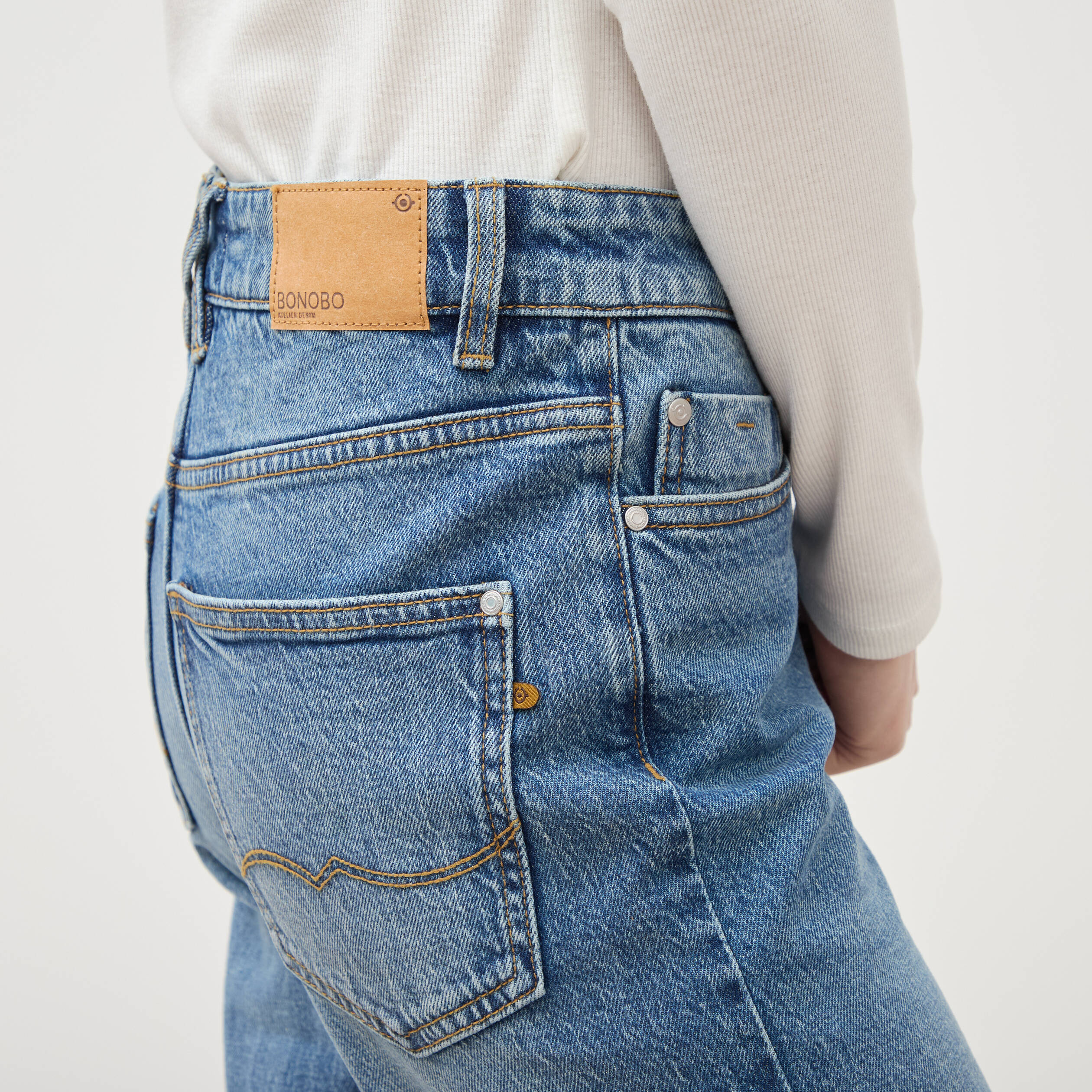 Jeans straight 7/8&egrave;me taille haute denim stone femme