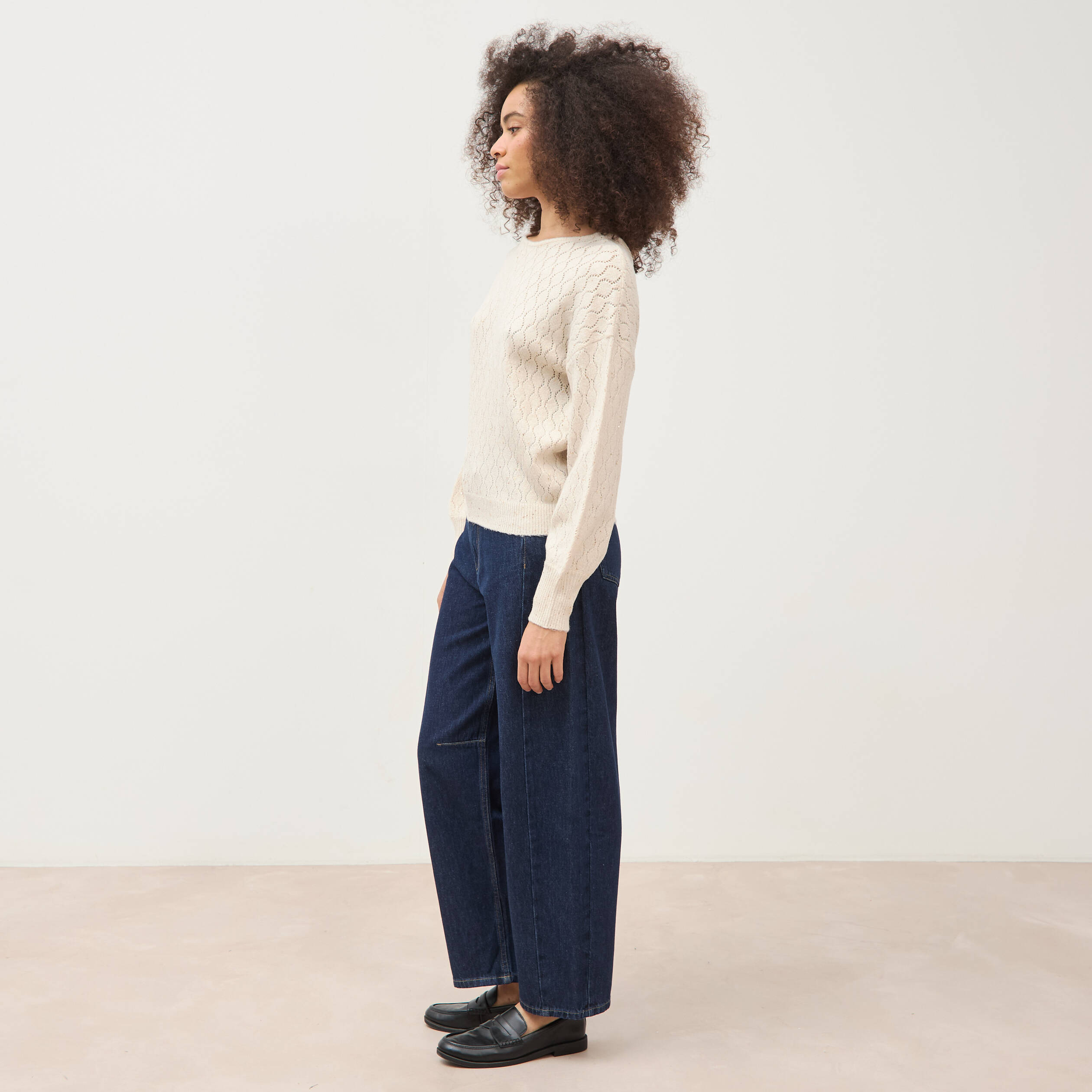 Pull oversize col v manches longues creme femme