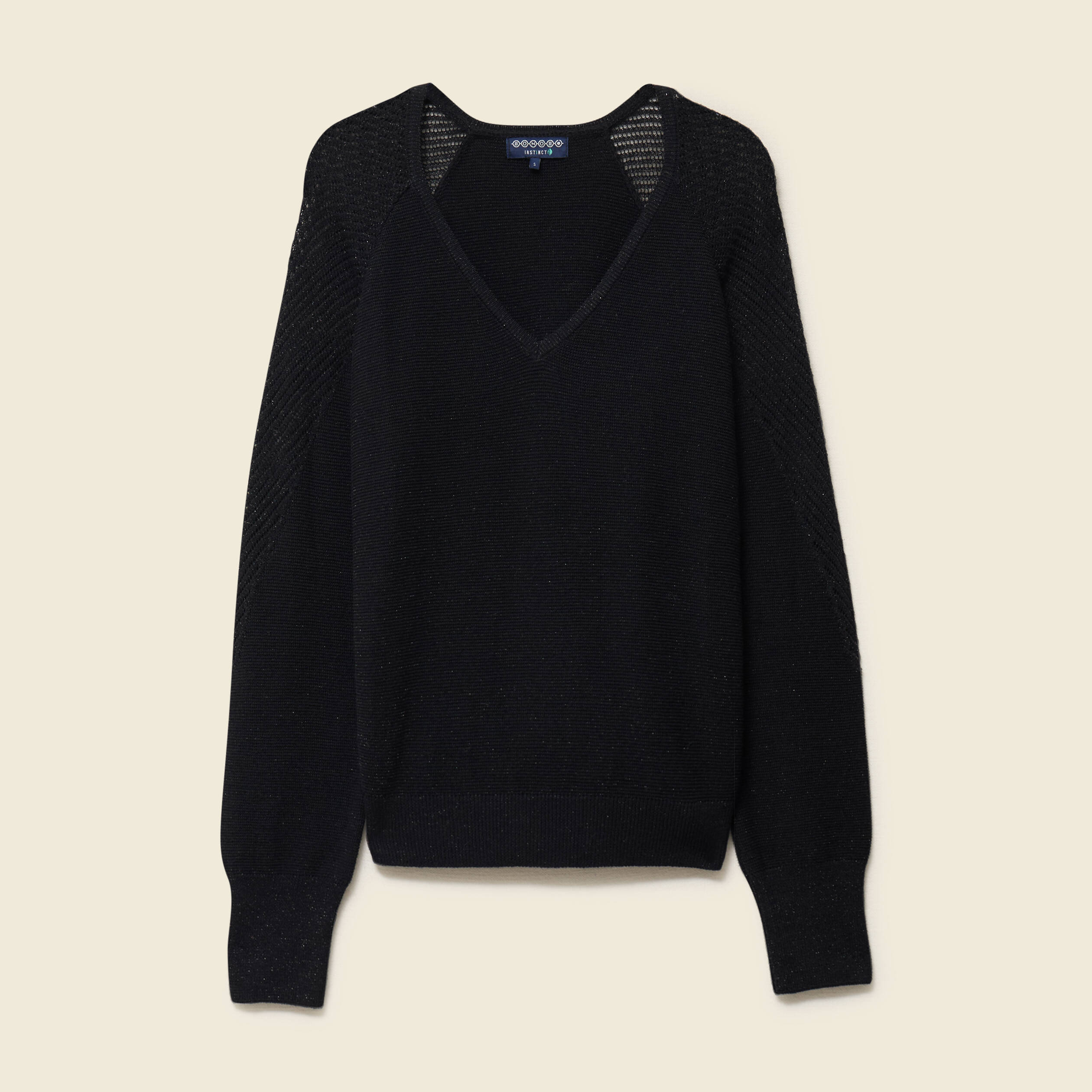 Pull ajour&eacute; col V manches longues noir femme