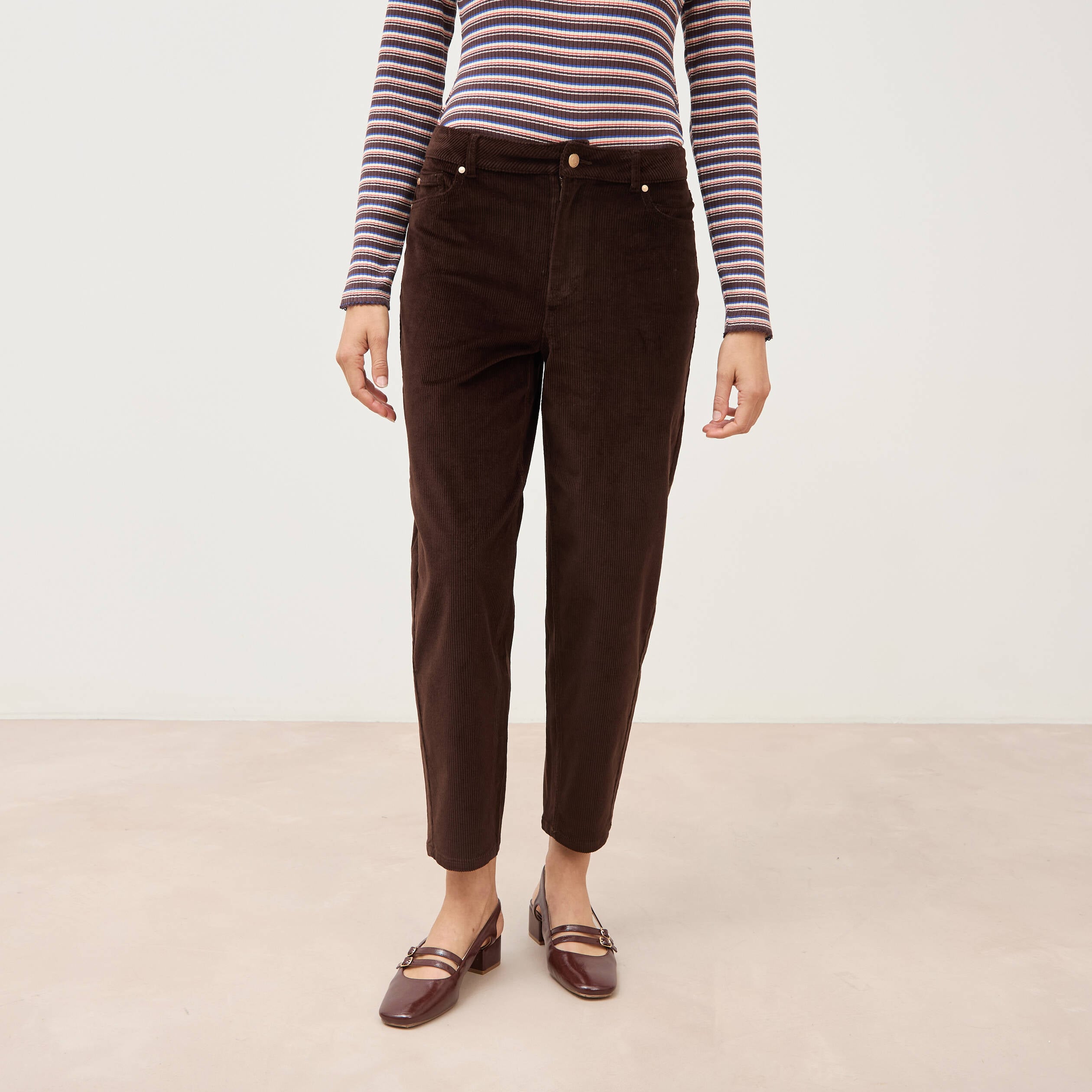 Pantalon barrel taille haute velours marron femme