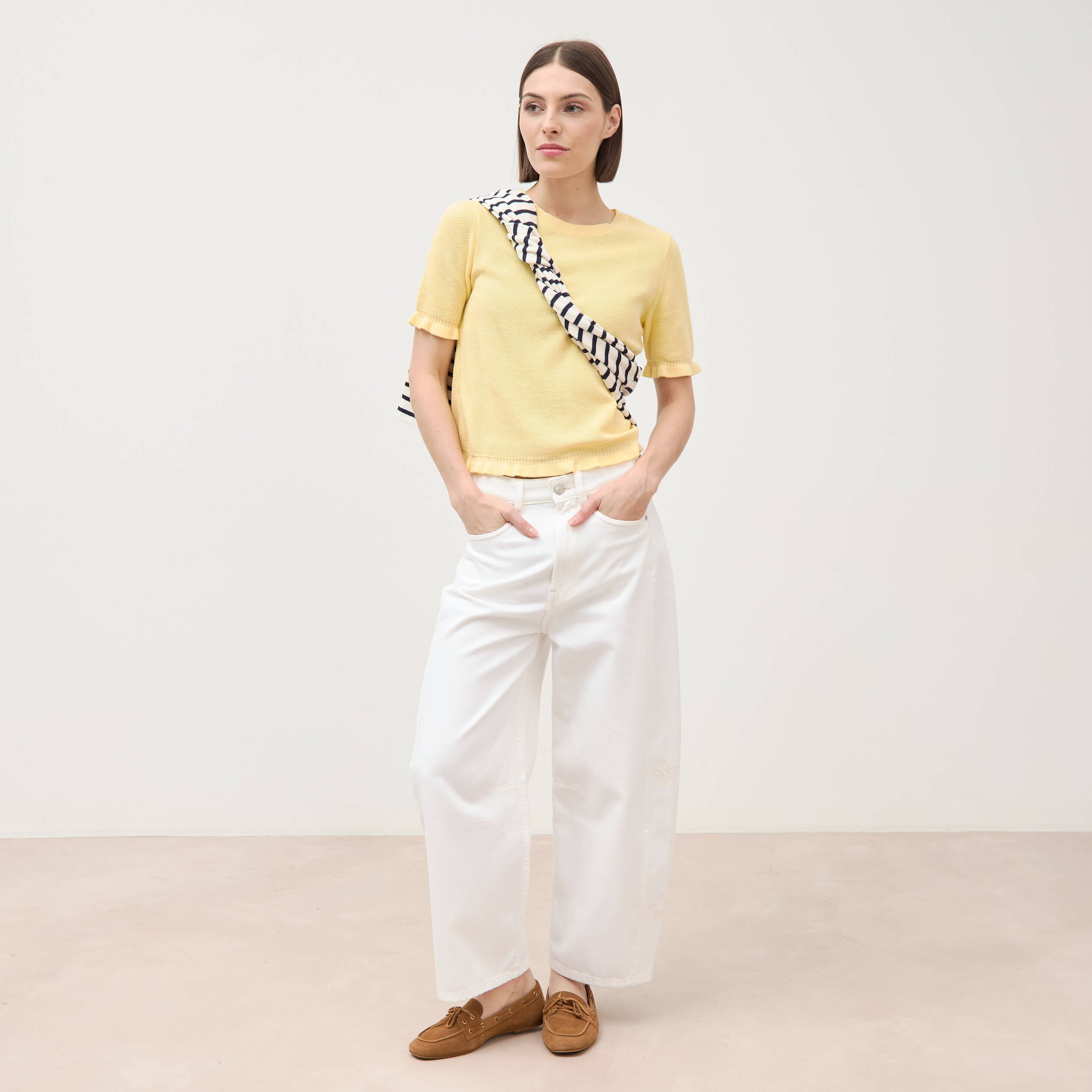 Jeans barrel taille haute 7/8&egrave;me denim blanc femme