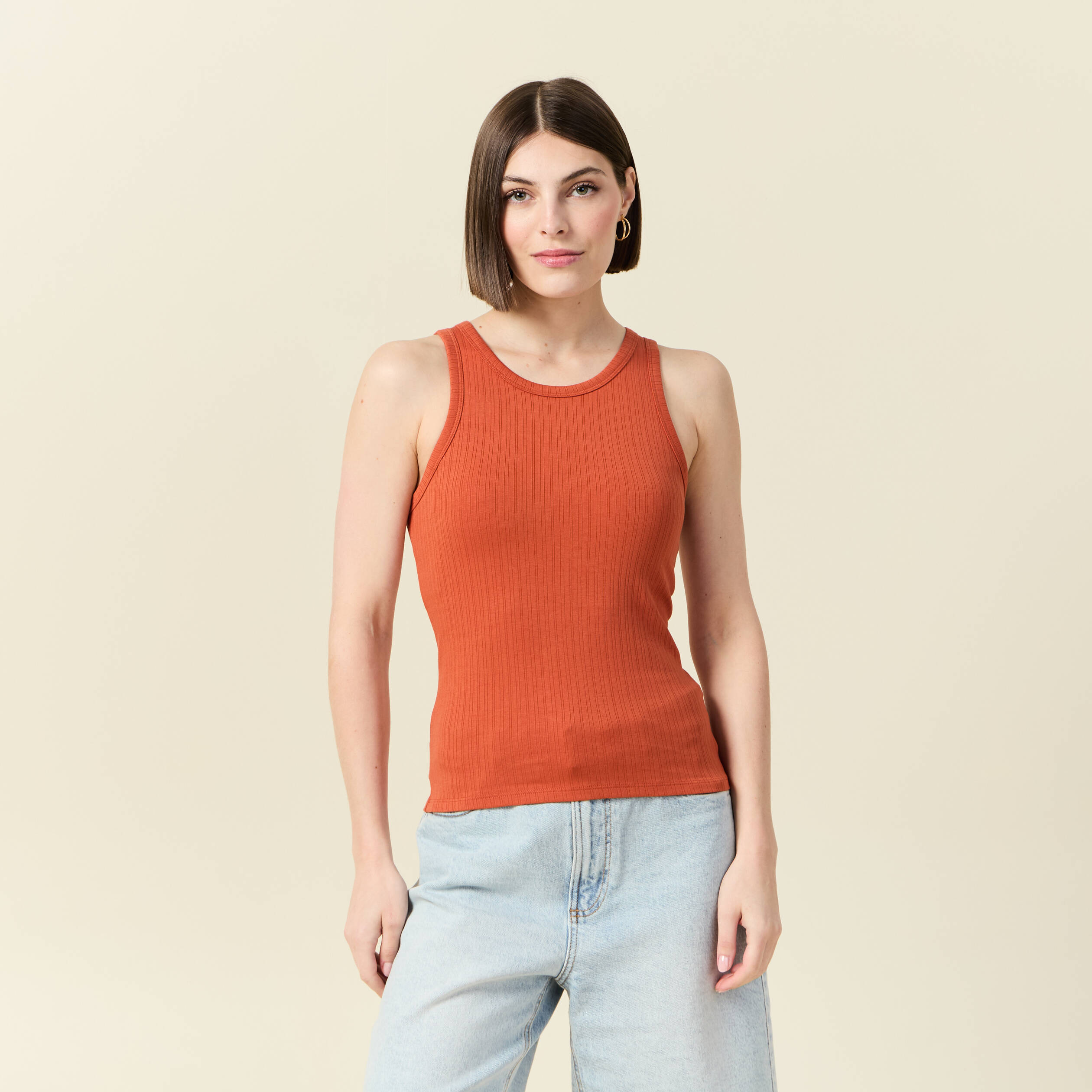 debardeur 2 en 1 avec brassiere integree orange fonce femme Débardeur 2 en 1 avec brassière intégrée orange foncé femme