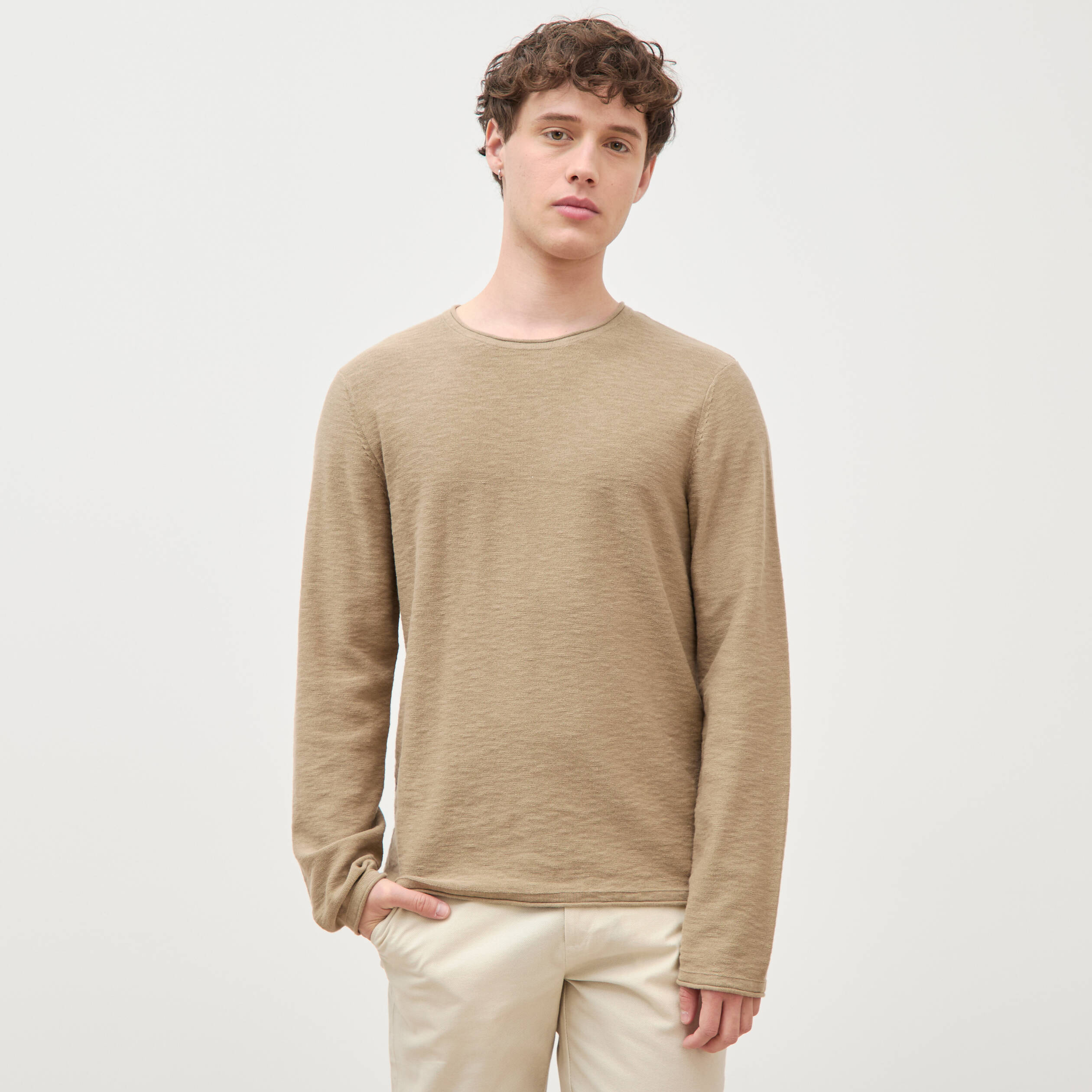 Pull fin en coton manches longues vert olive homme