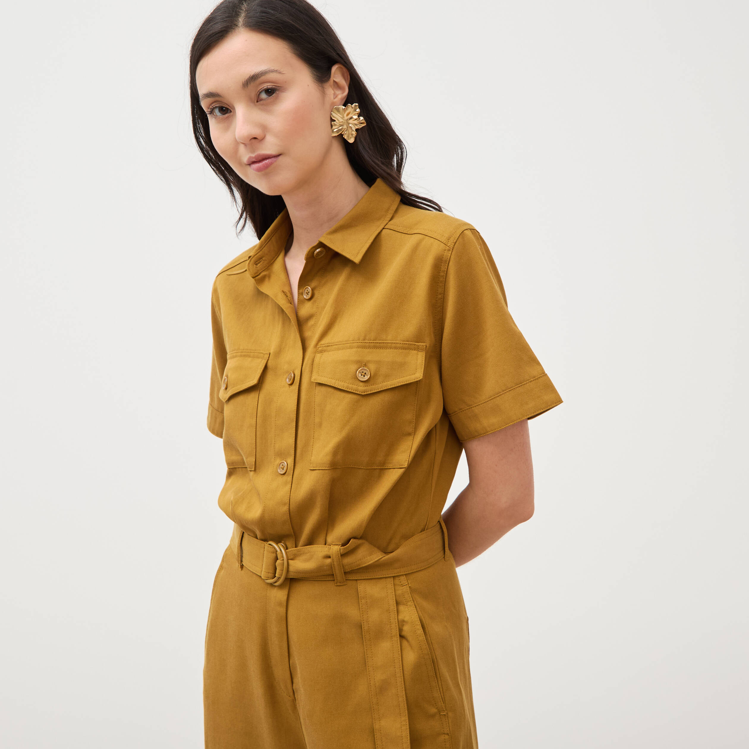 Combinaison salopette col am&eacute;ricain vert olive femme