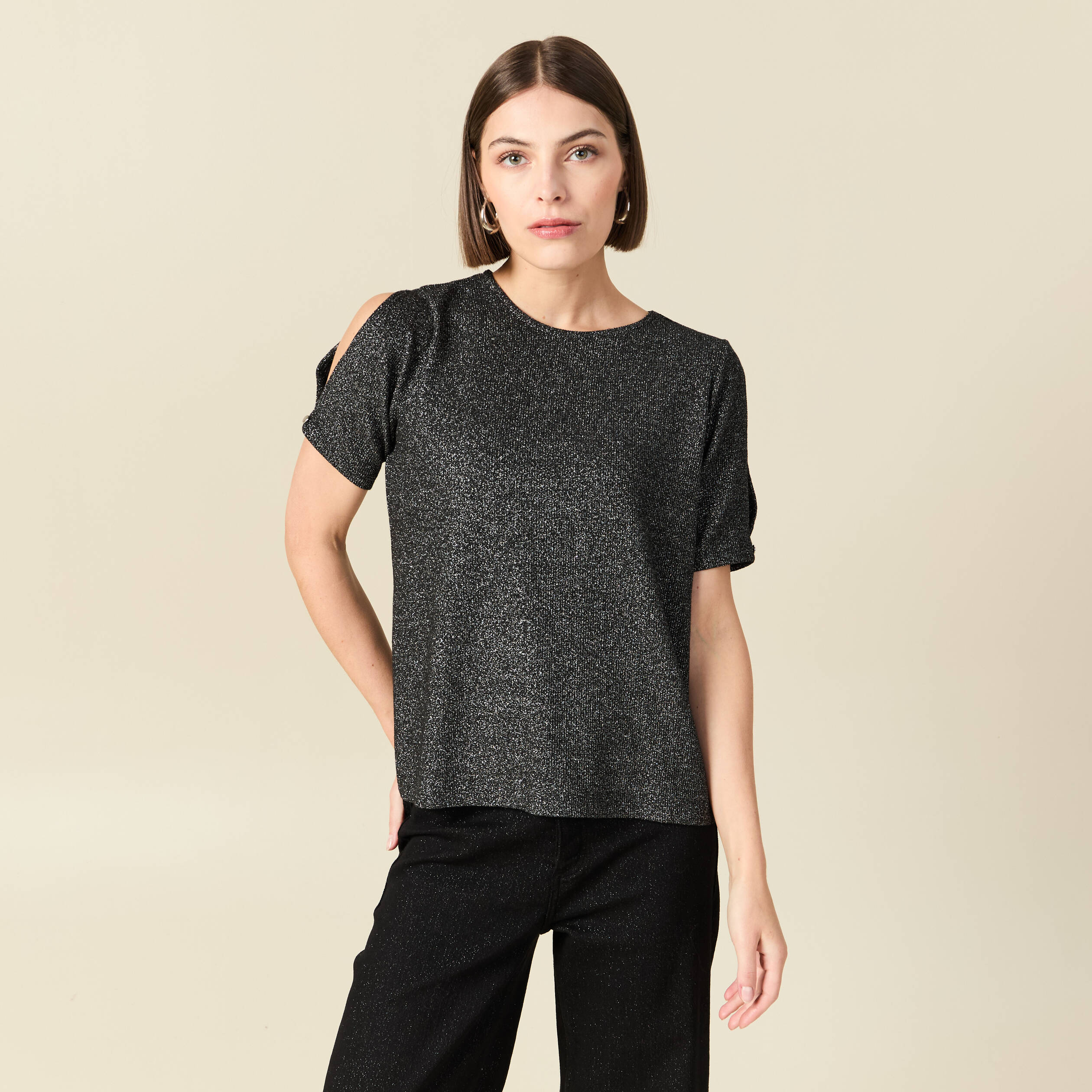 T-shirt manches courtes brillant noir femme