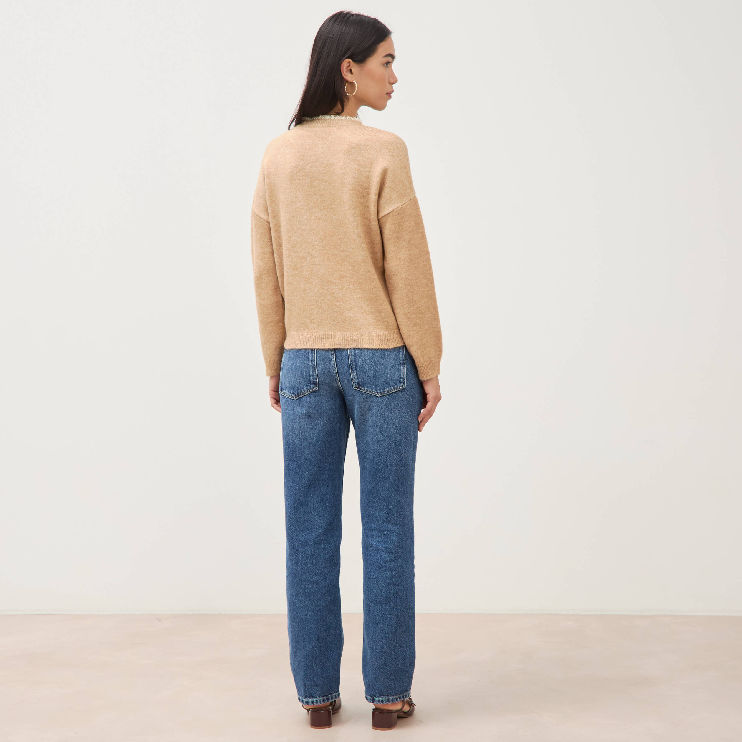 Pull col tunisien manches longues marron clair femme