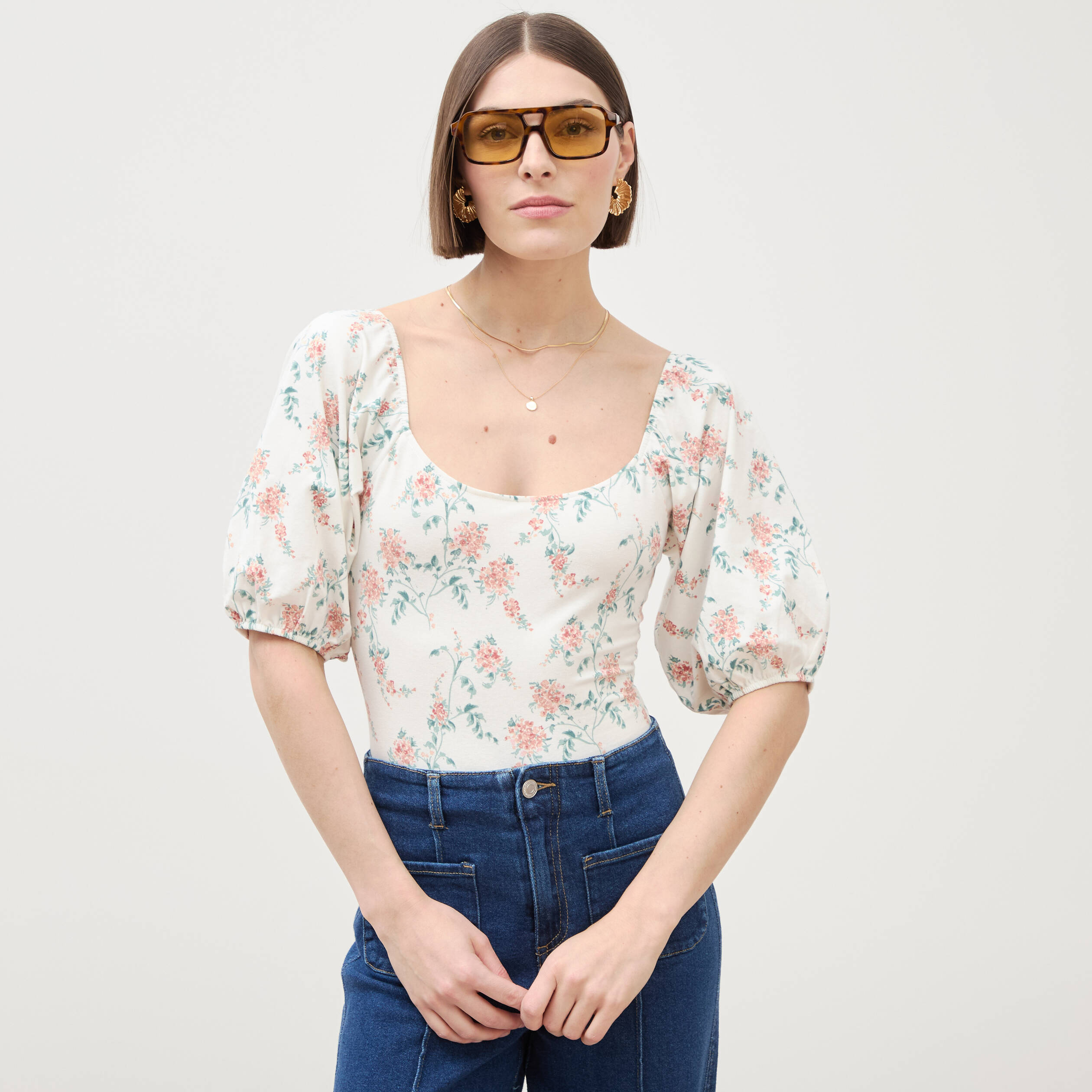 Body col bateau manches bouffantes blanc femme