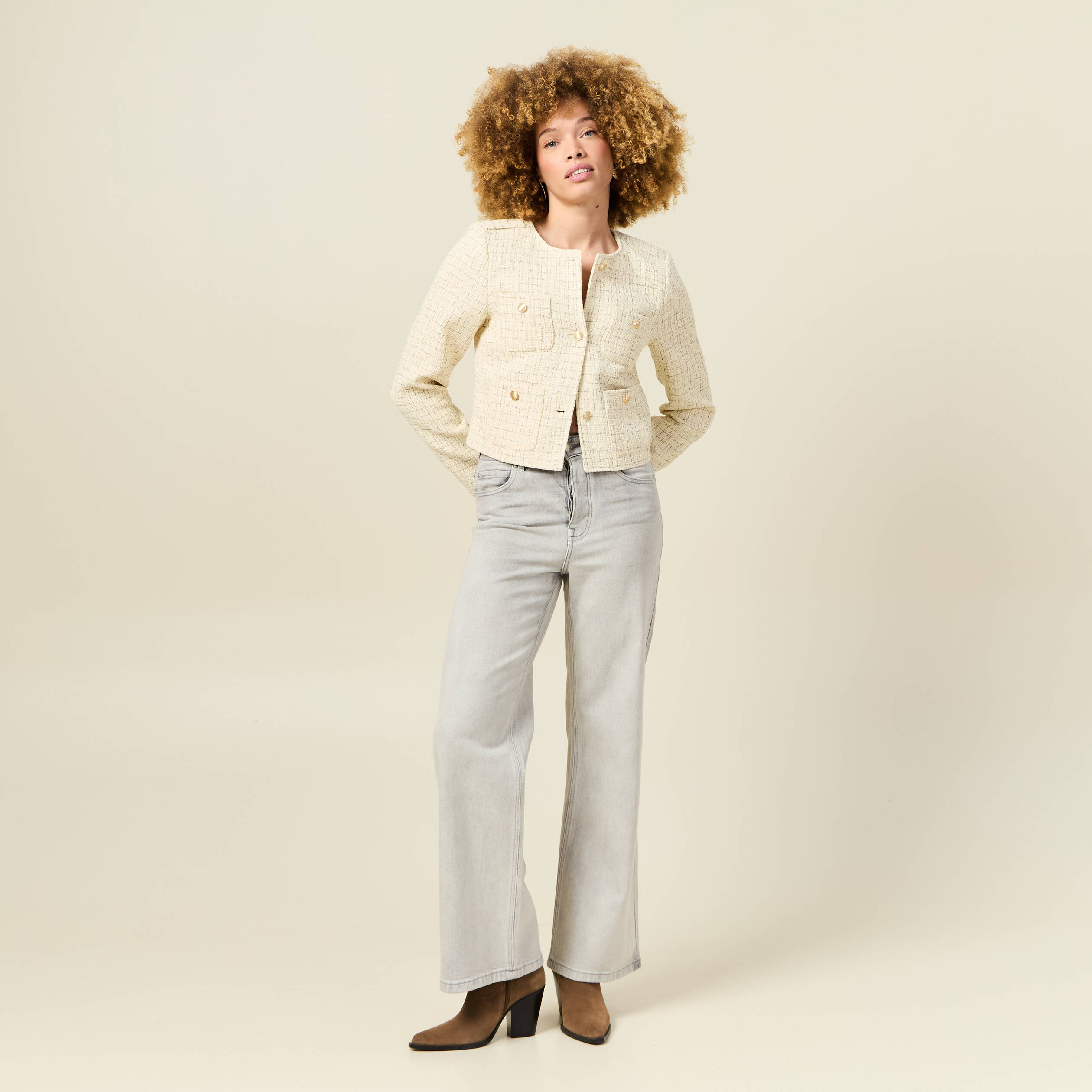 veste tweed courte jaune pastel femme Veste tweed courte jaune pastel femme