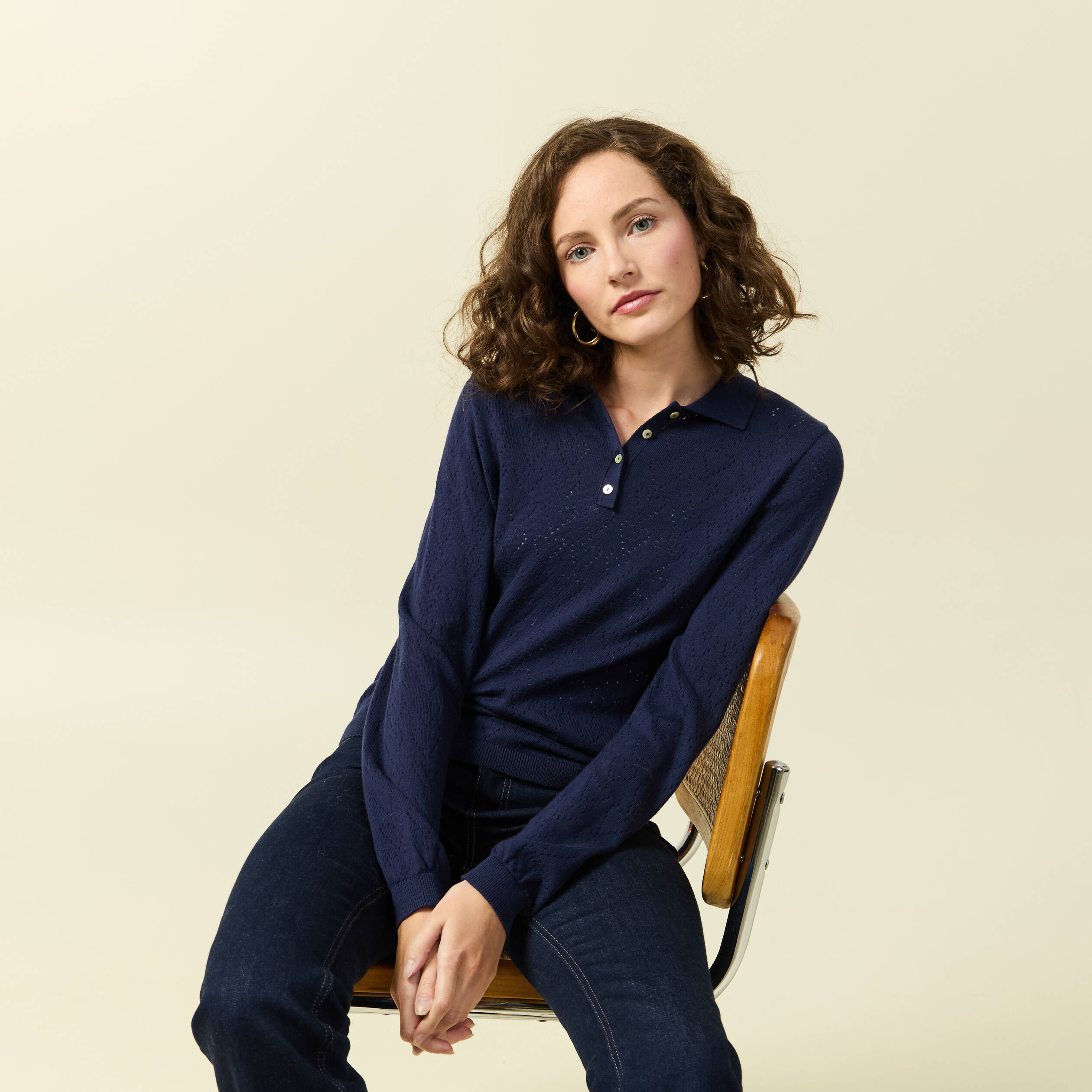 pull ajoure manches longues en coton bleu marine femme Pull ajouré manches longues en coton bleu marine femme