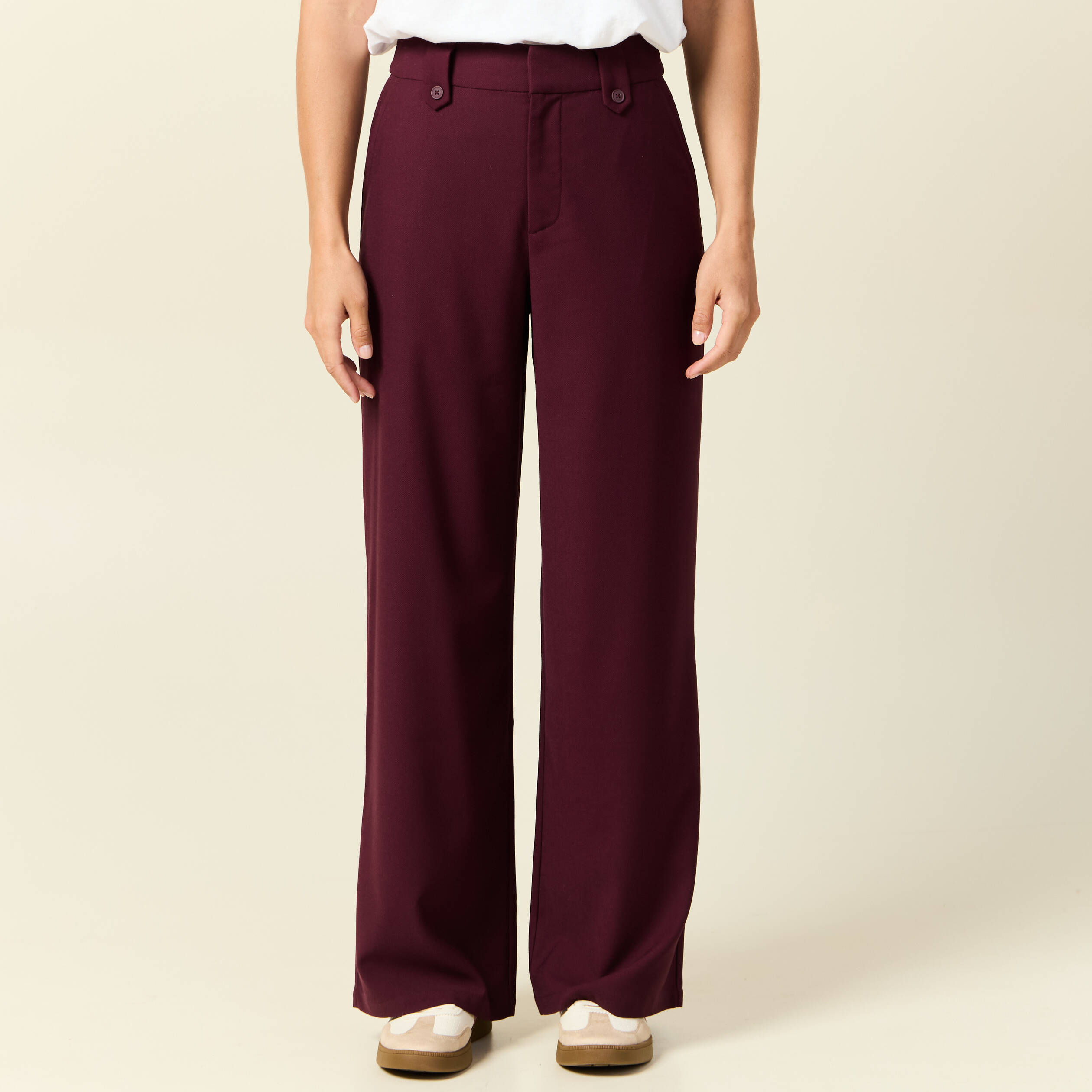 Pantalon large taille haute prune femme