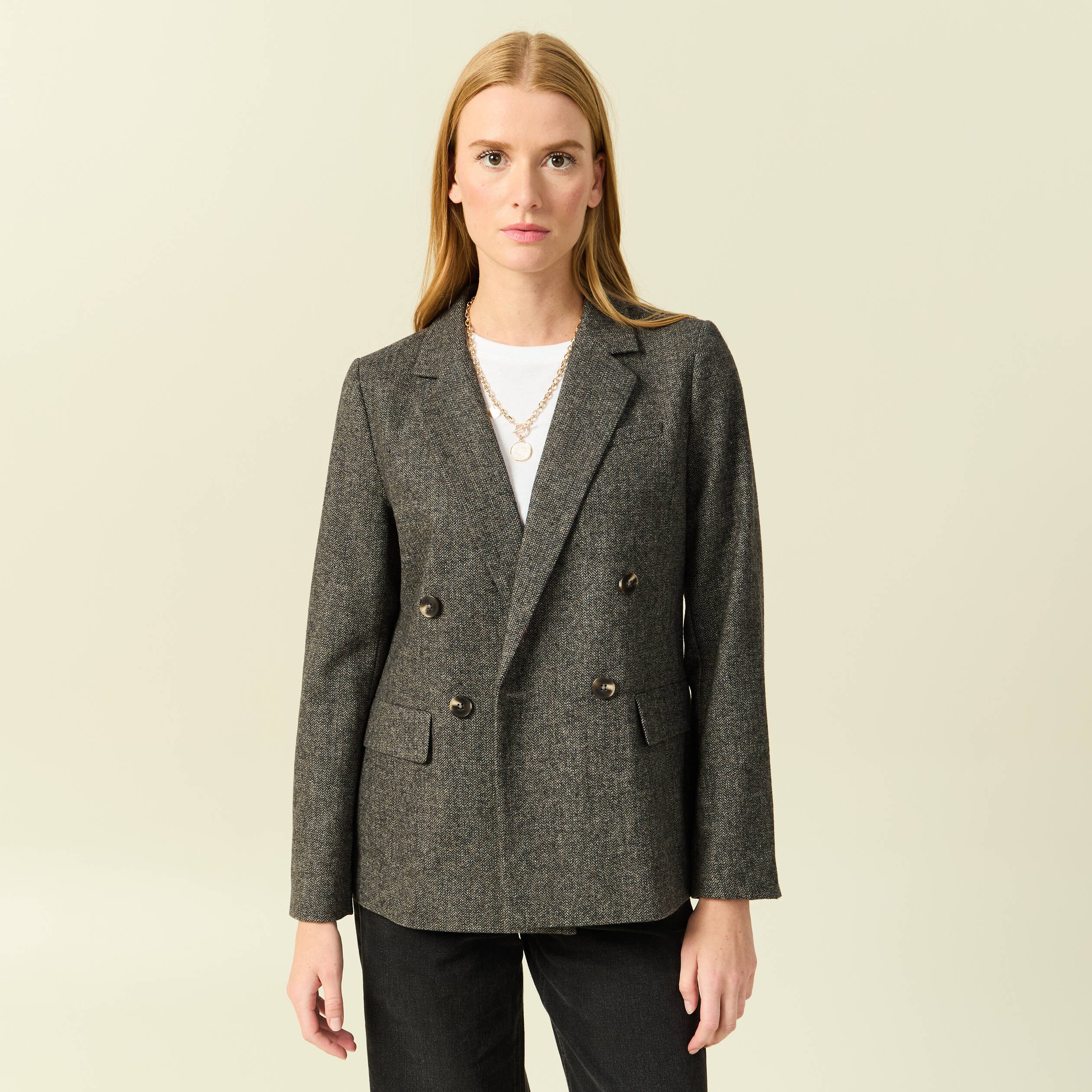 Blazer col tailleur manches longues gris fonc&eacute; femme