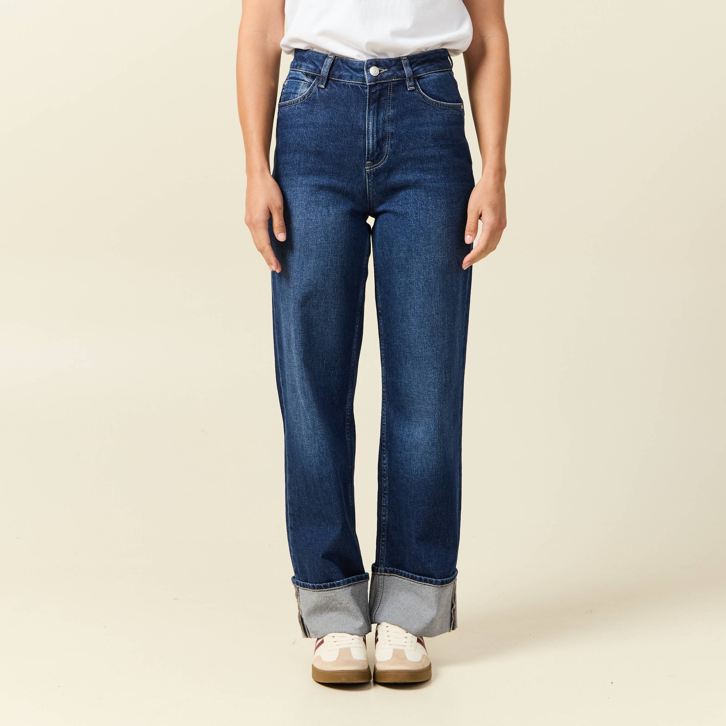 Jeans straight taille haute denim brut femme