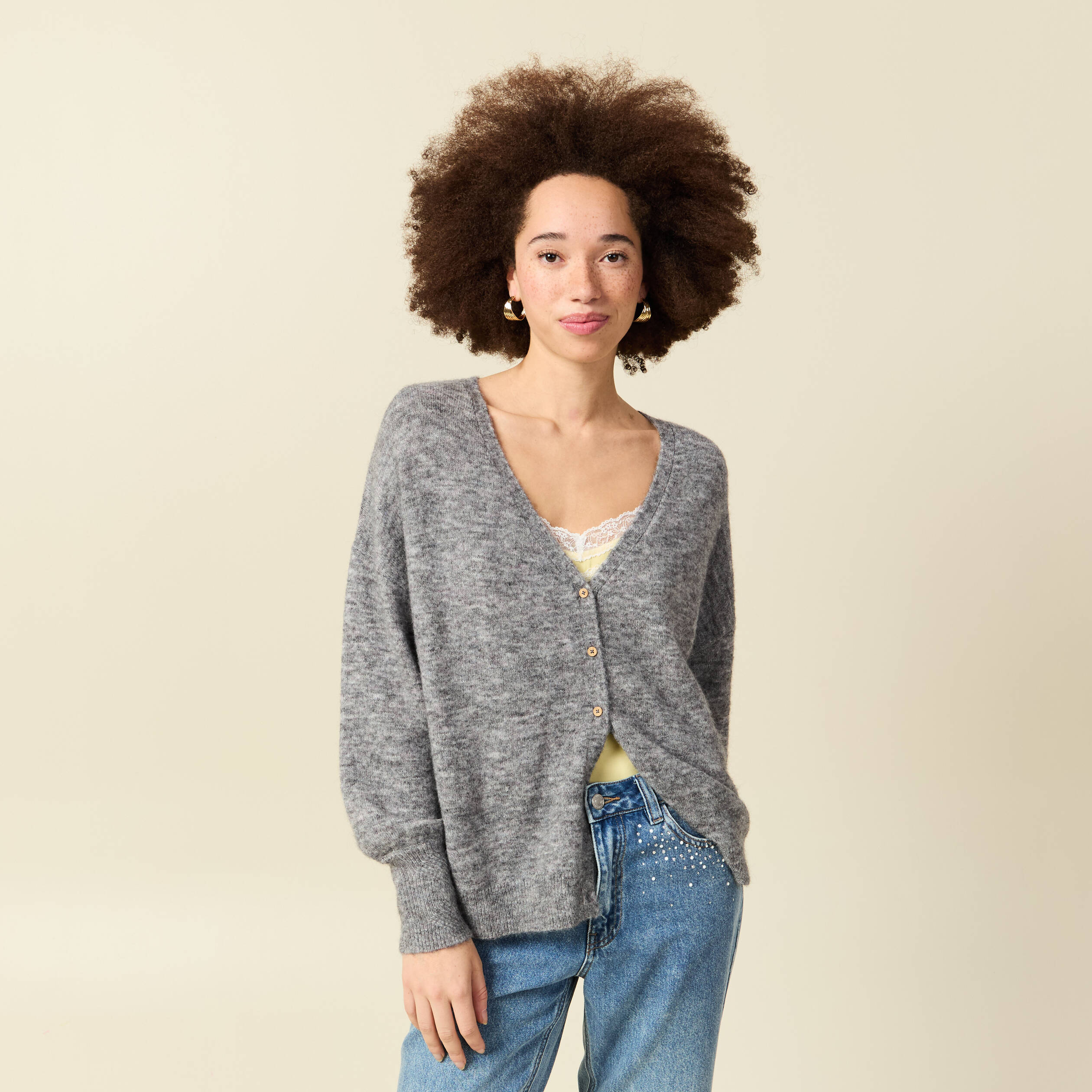 Gilet manches longues col v gris clair femme