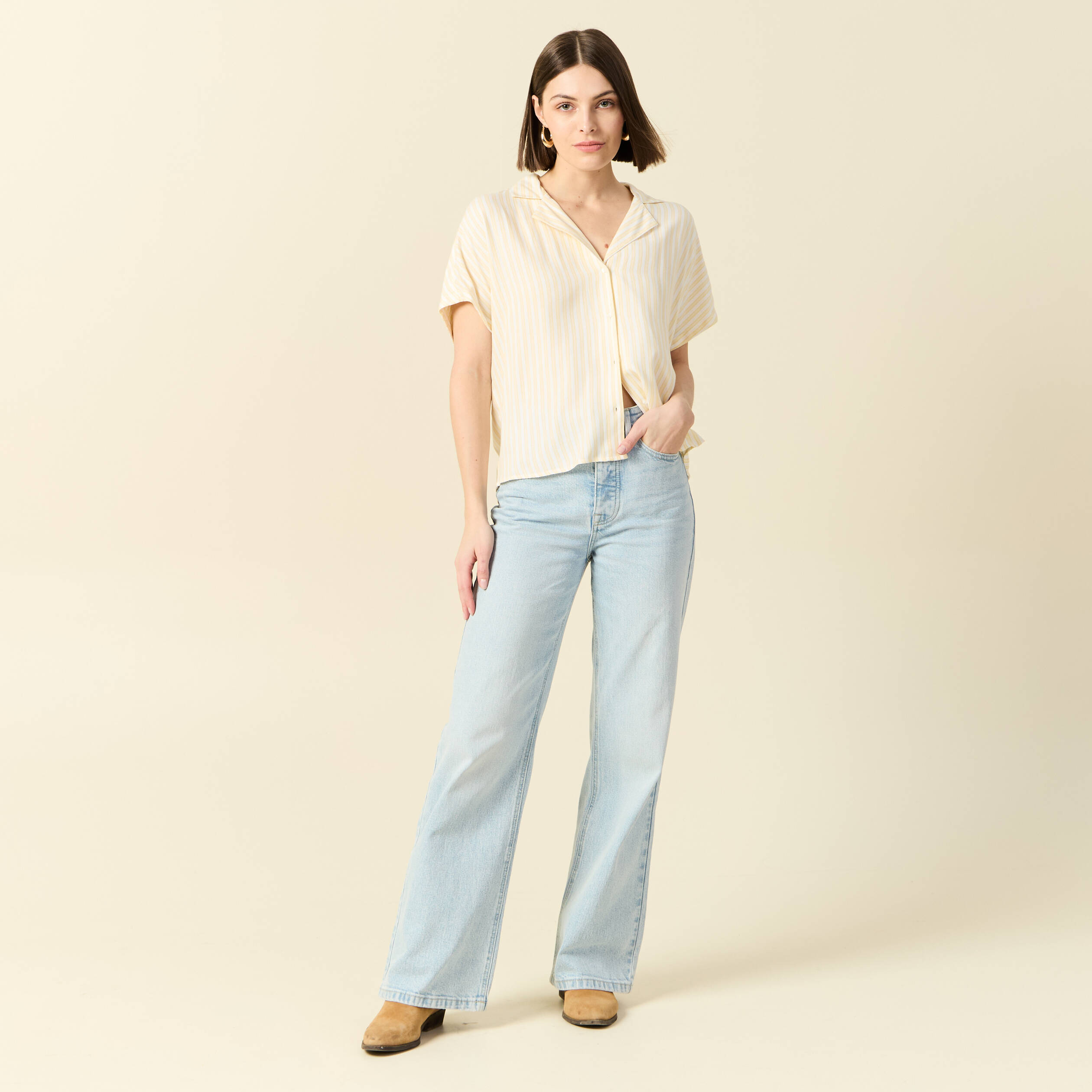 chemise manches 34 jaune femme Chemise manches 3/4 jaune femme