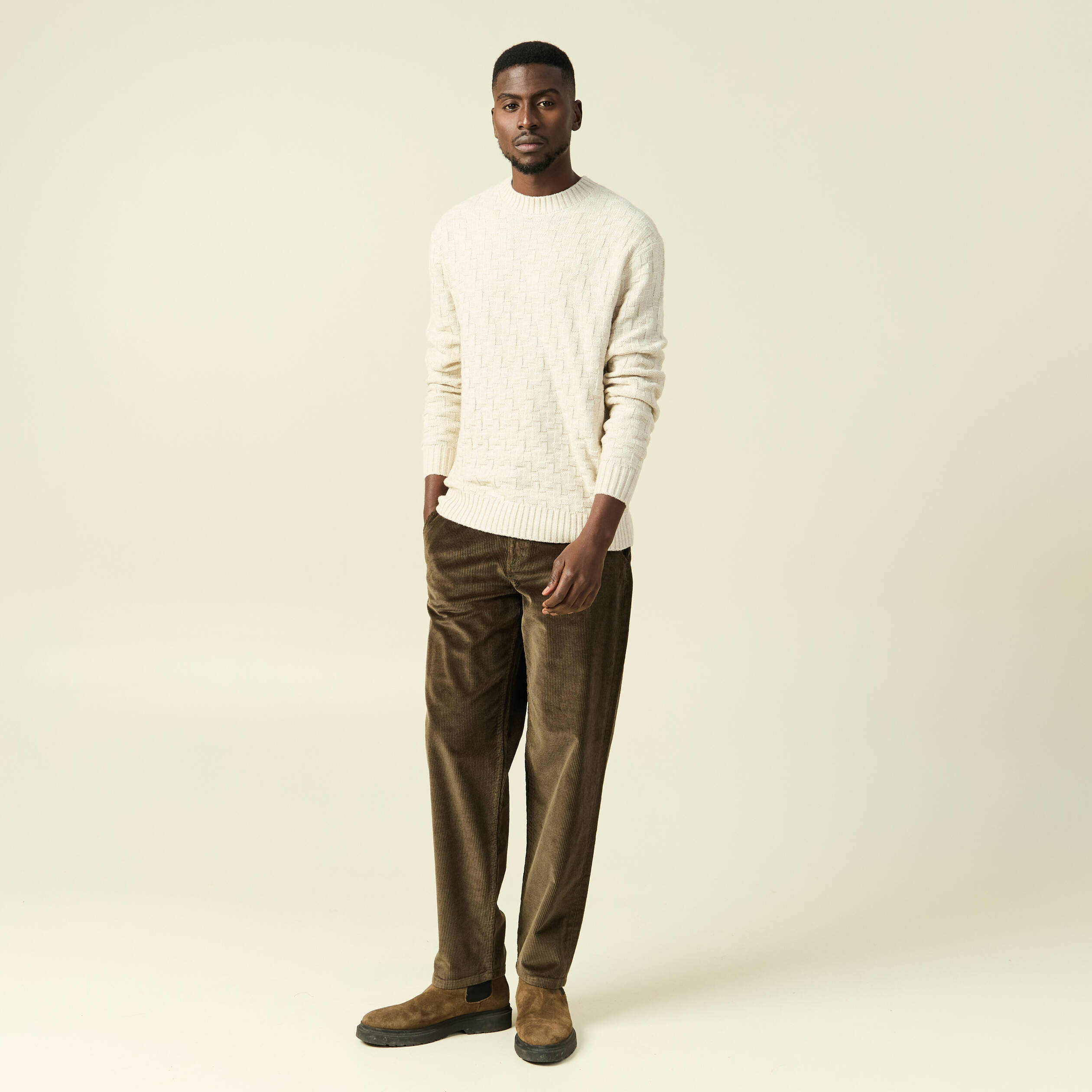 Pull manches longues col rond sable homme