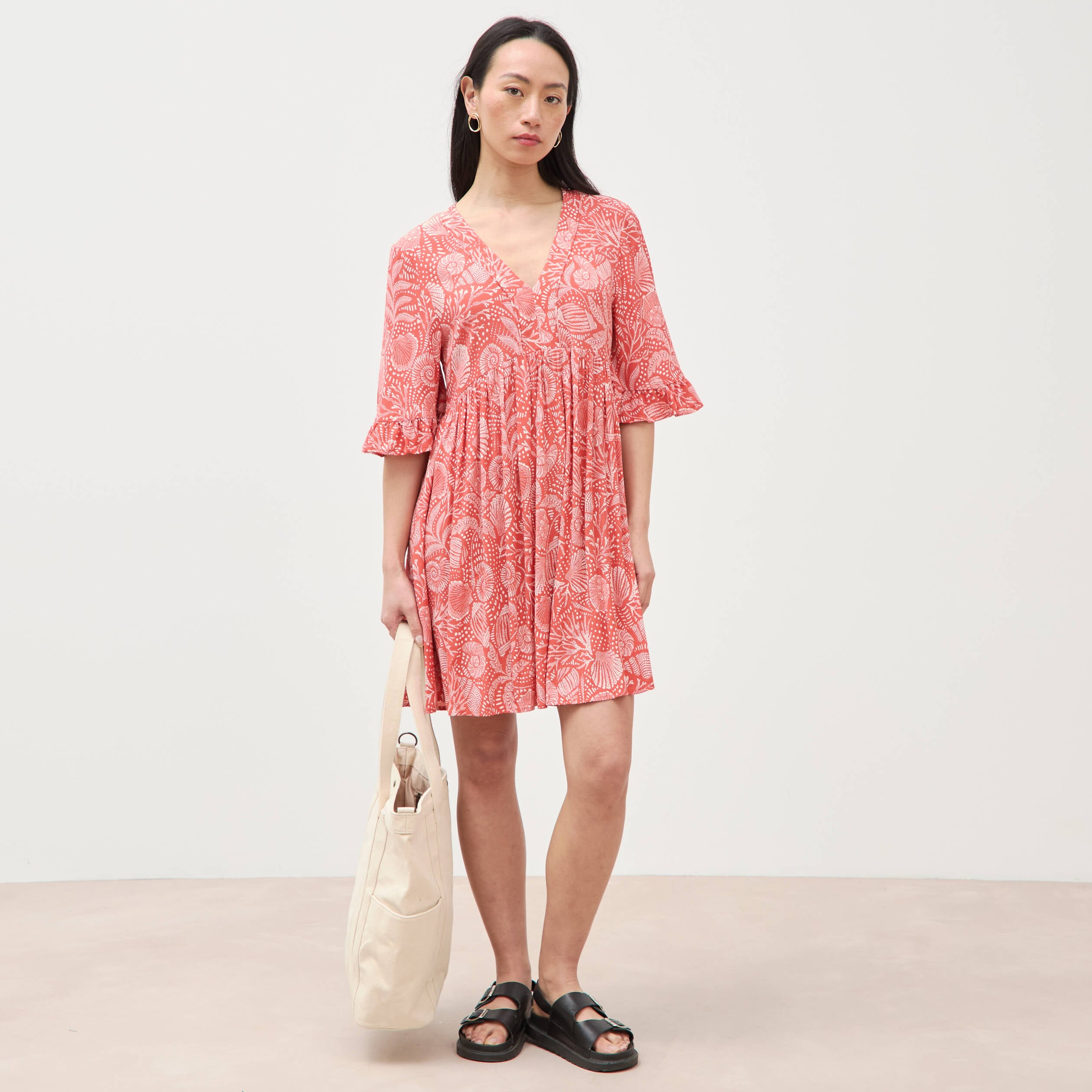 Robe col v manches au coude orange corail femme