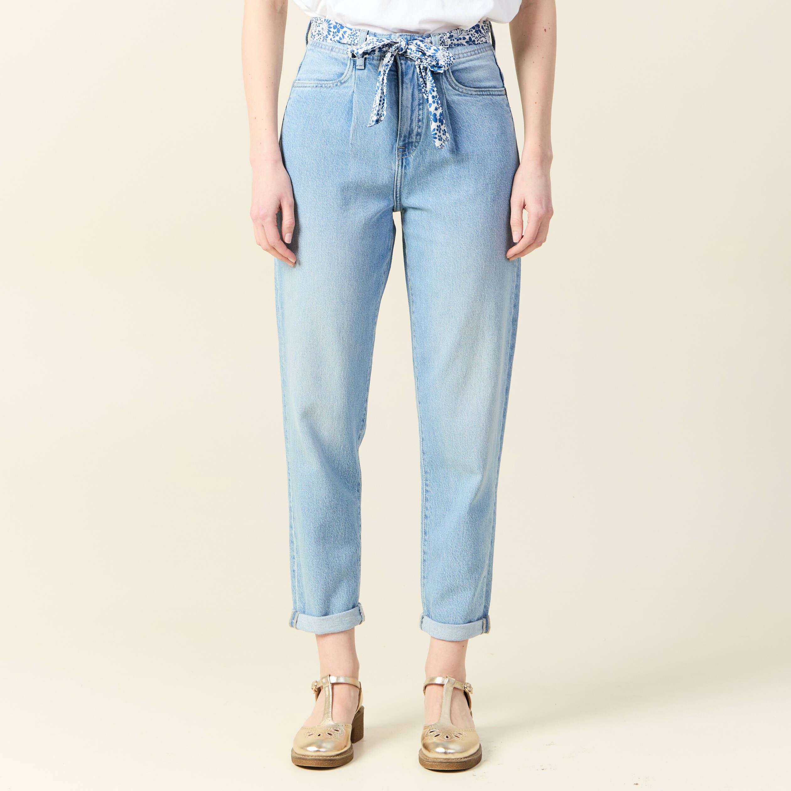 Jeans mom ceinture foulard denim bleach femme Bonobo
