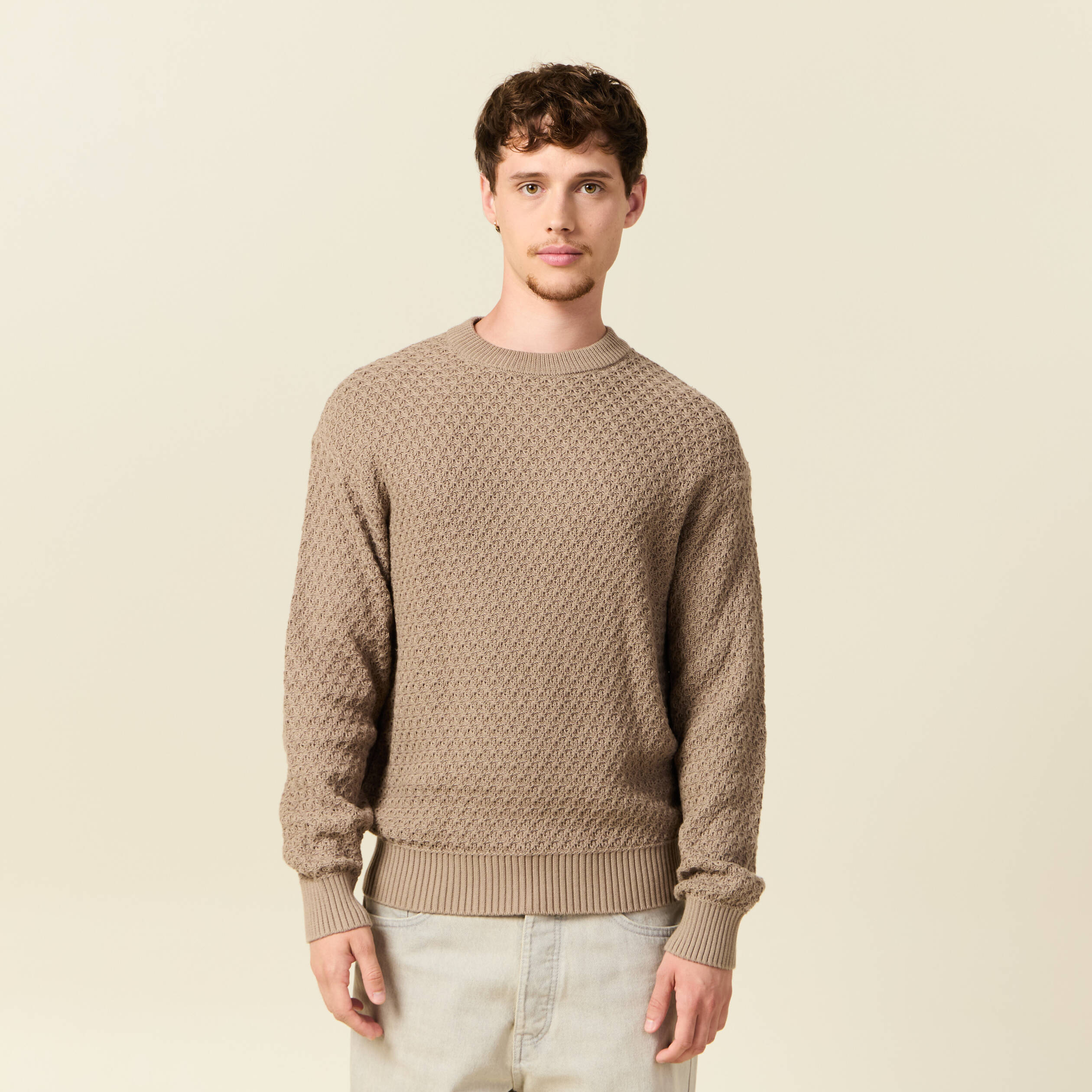 Pull col rond en coton taupe homme