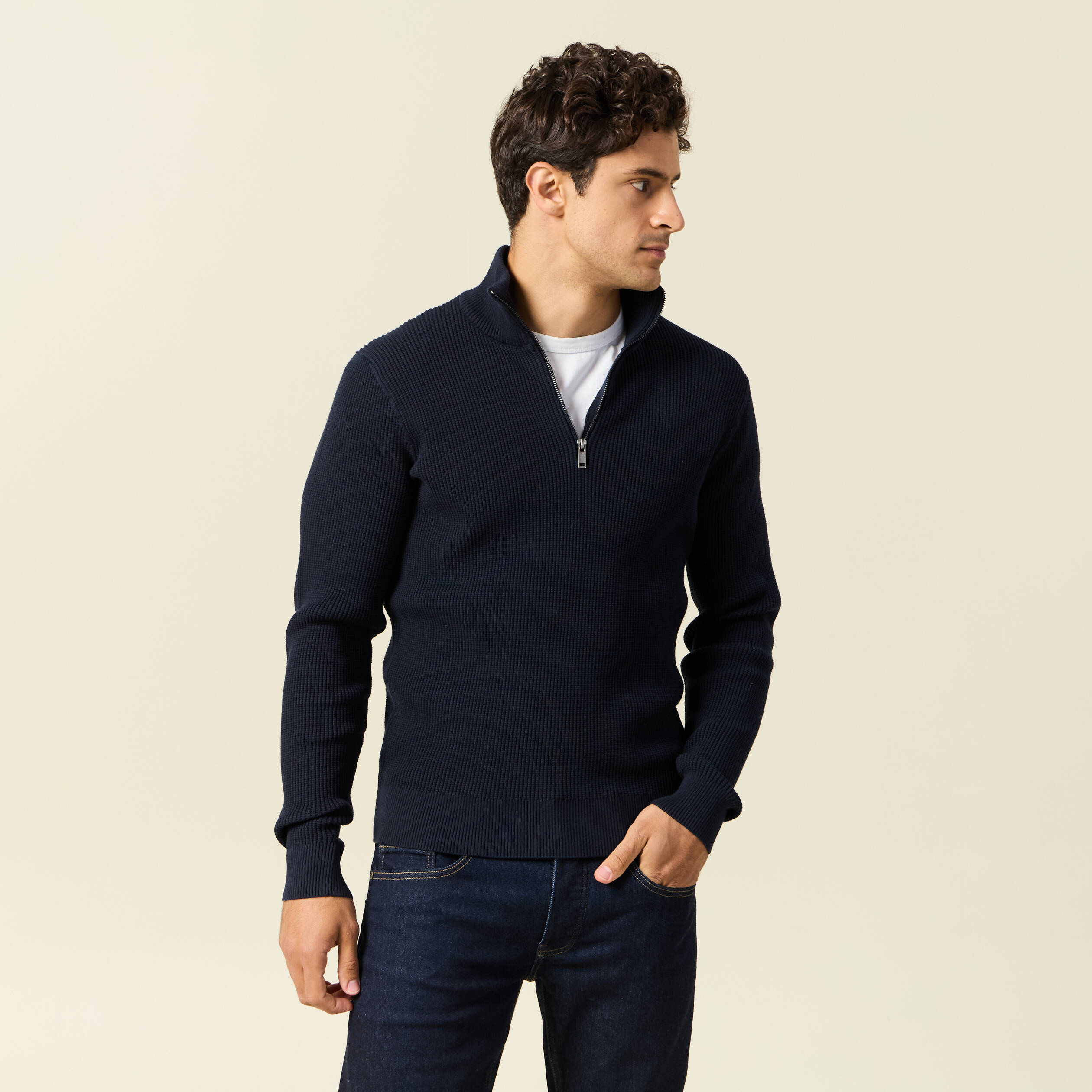 Pull col camionneur bleu marine homme