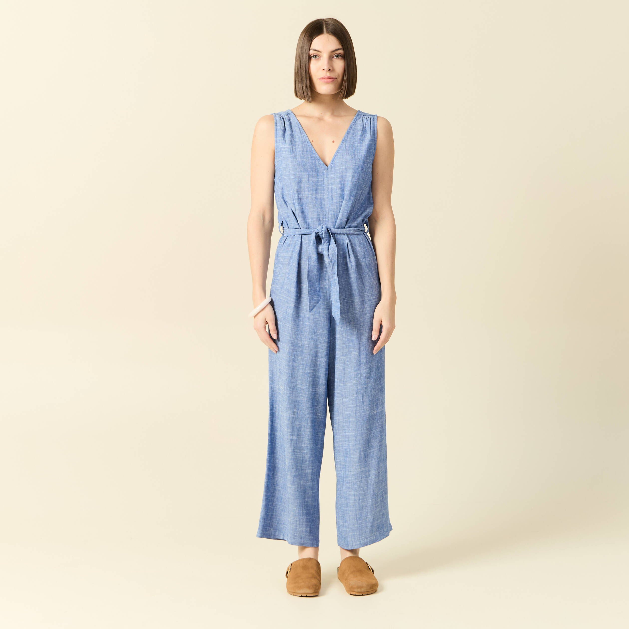 Combinaison pantalon ceintur&eacute;e bleu femme