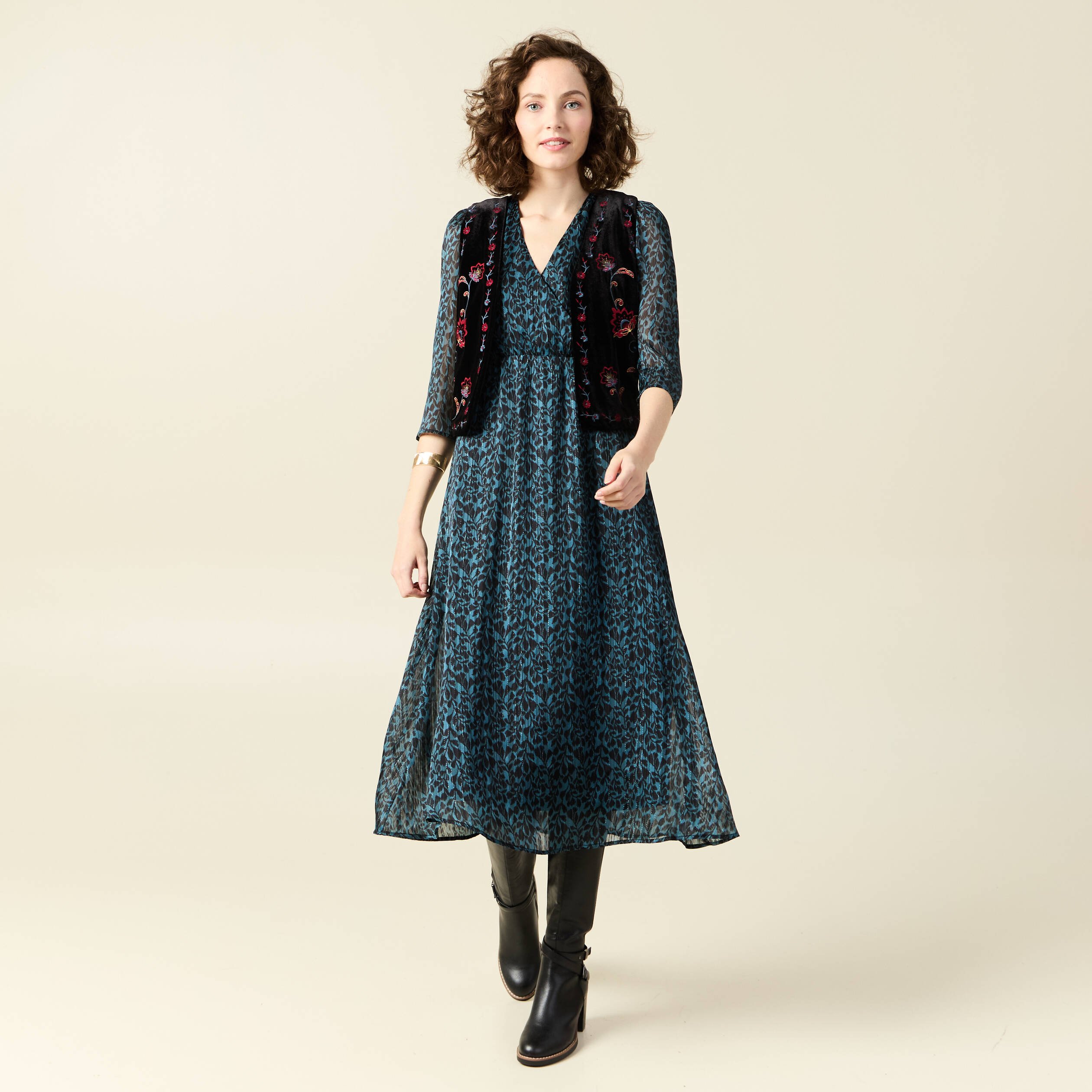 robe longue evasee manches 34 bleu canard femme Robe longue évasée manches 3/4 bleu canard femme