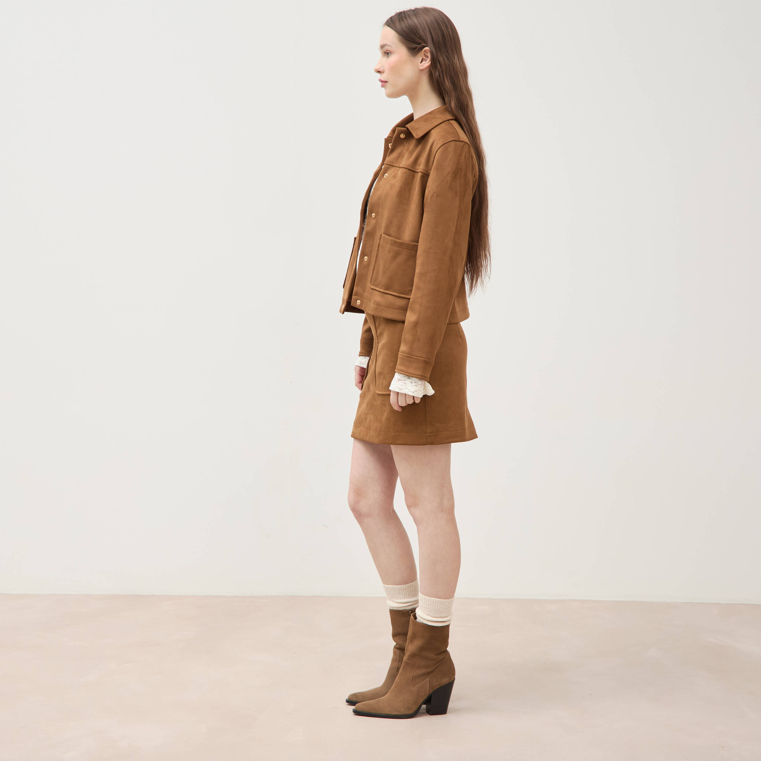 Blouson manches longues col classique marron femme