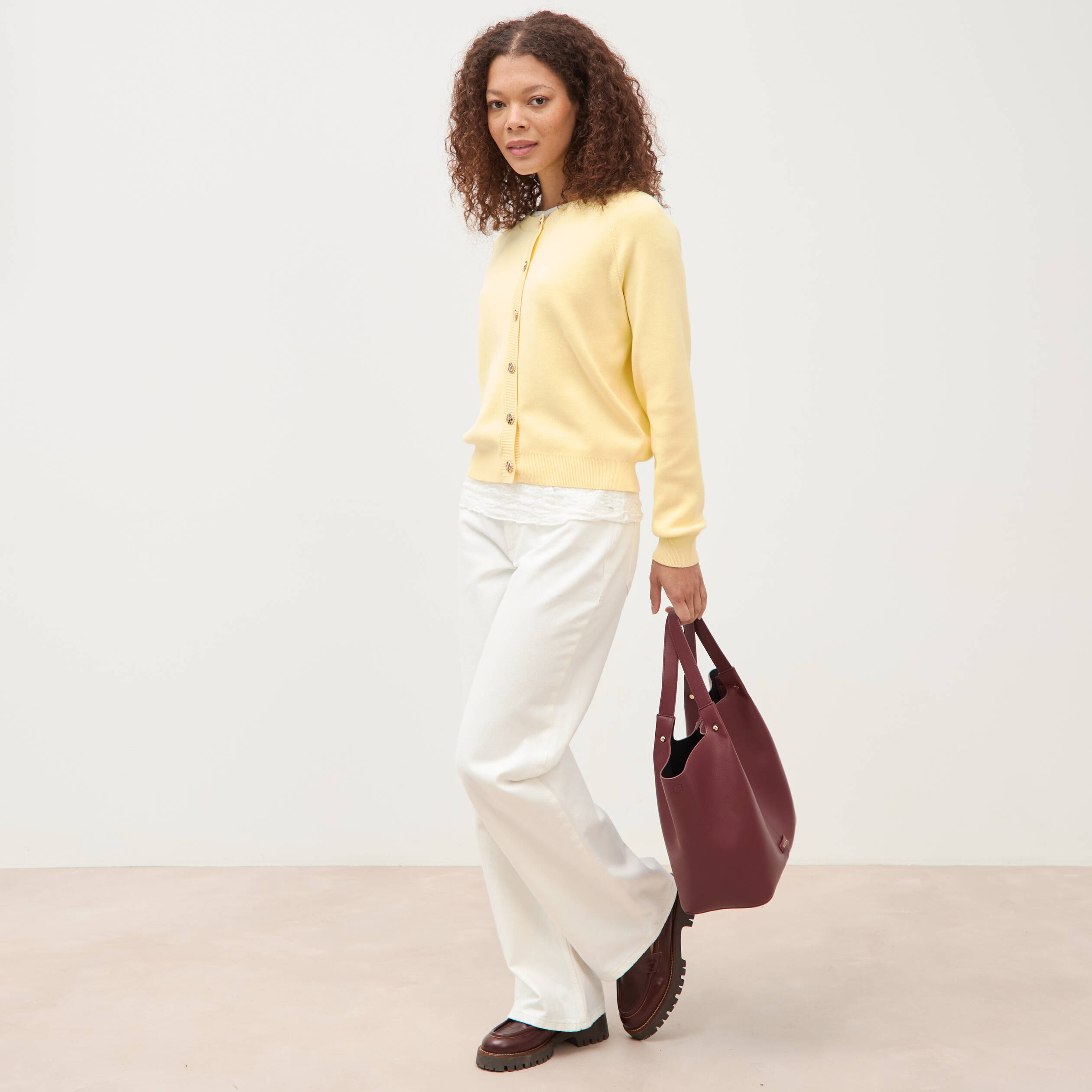 Jeans wide leg taille bascul&eacute;e denim blanc femme