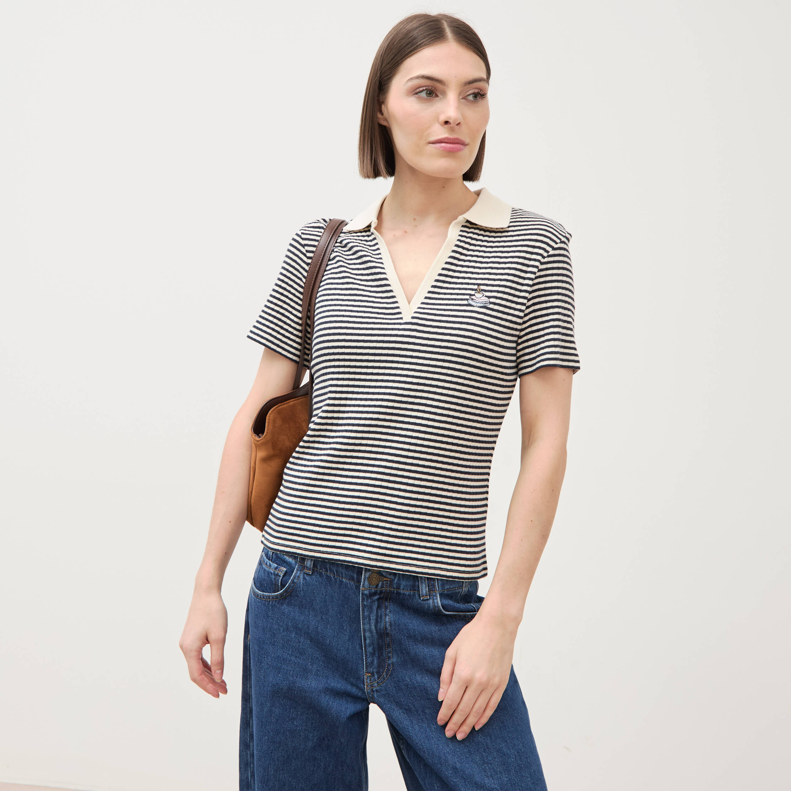Polo ray&eacute; en coton manches courtes ecru femme