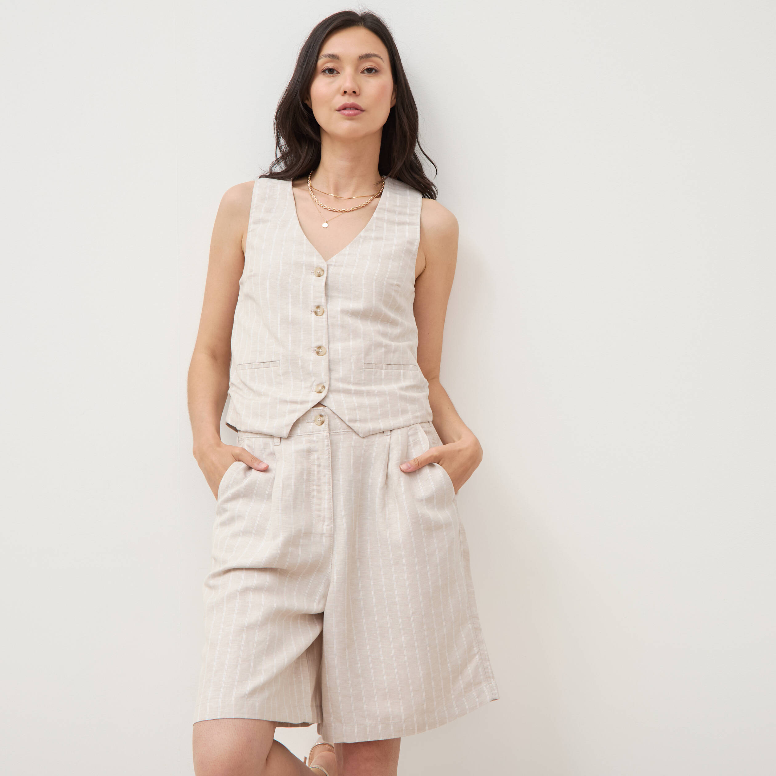Short taille haute beige femme