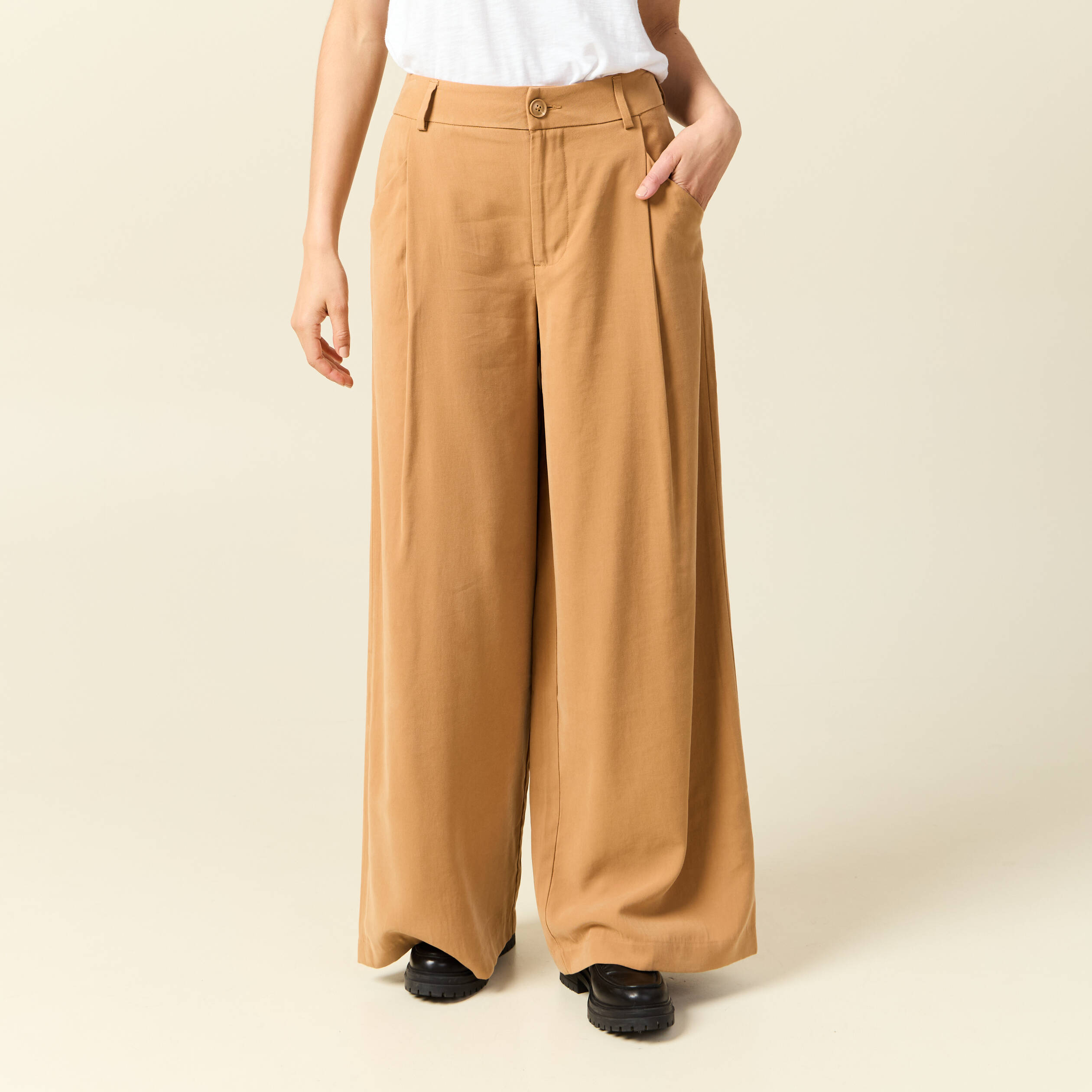 Pantalon large taille haute marron clair femme
