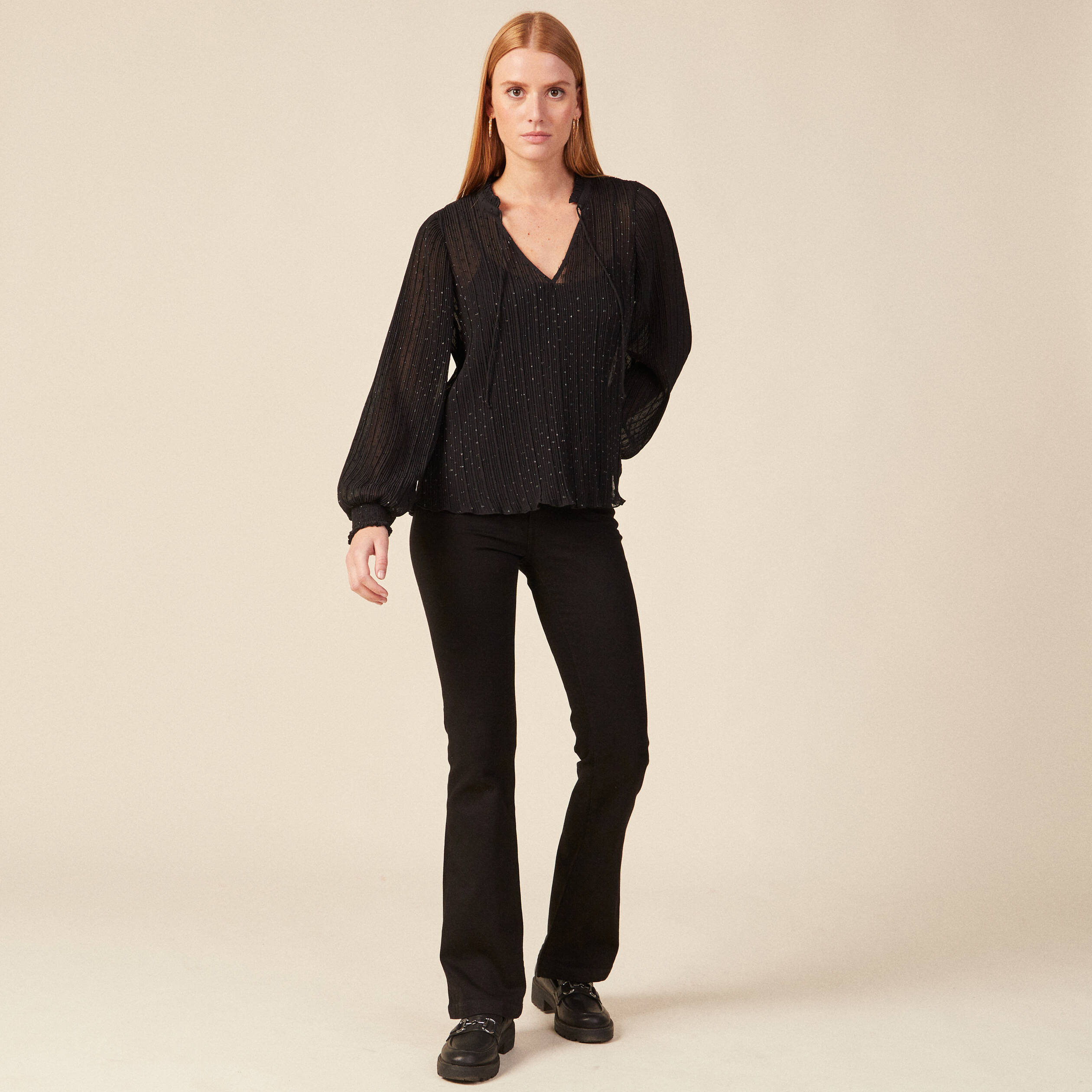 Blouse manches longues plissée noir femme