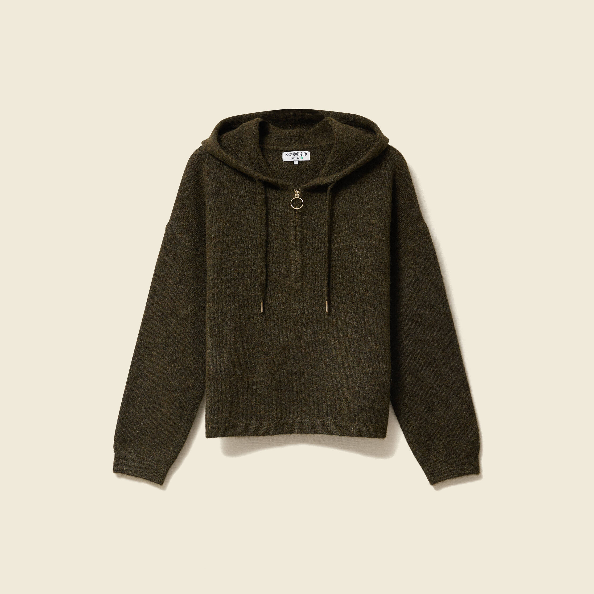 Pull &agrave; capuche zipp&eacute; vert kaki femme