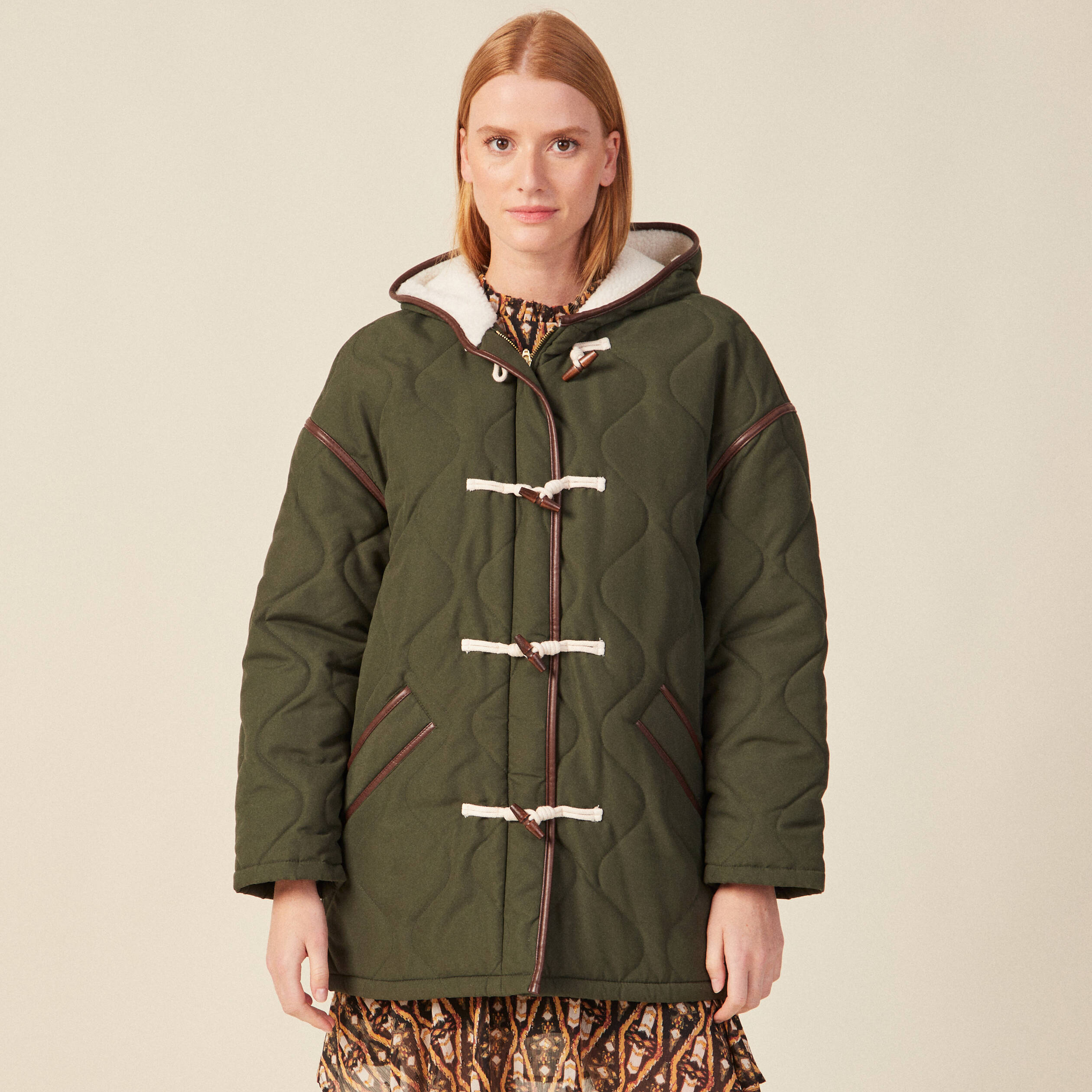 Parka doublée à capuche vert kaki femme