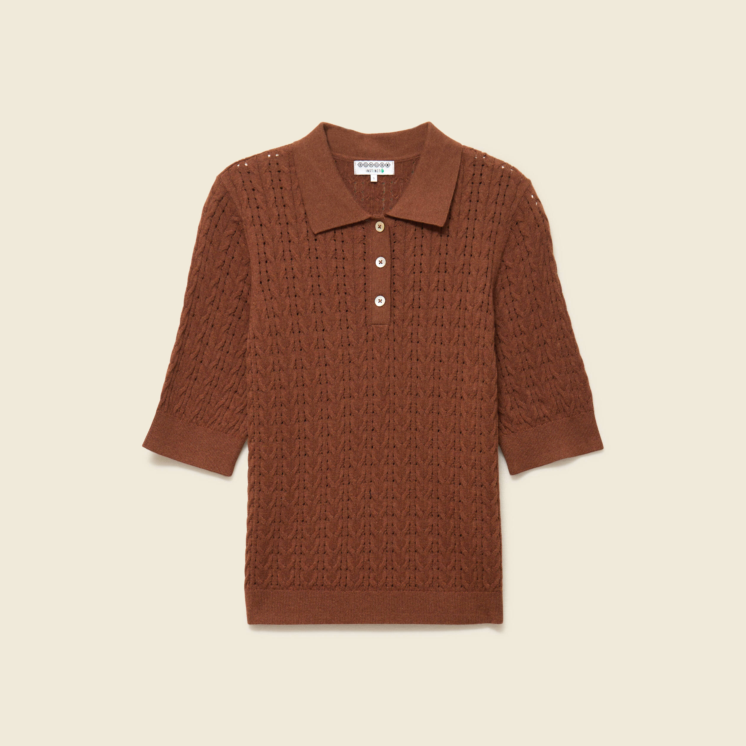 Polo col polo manches coude en coton marron fonc&eacute; femme