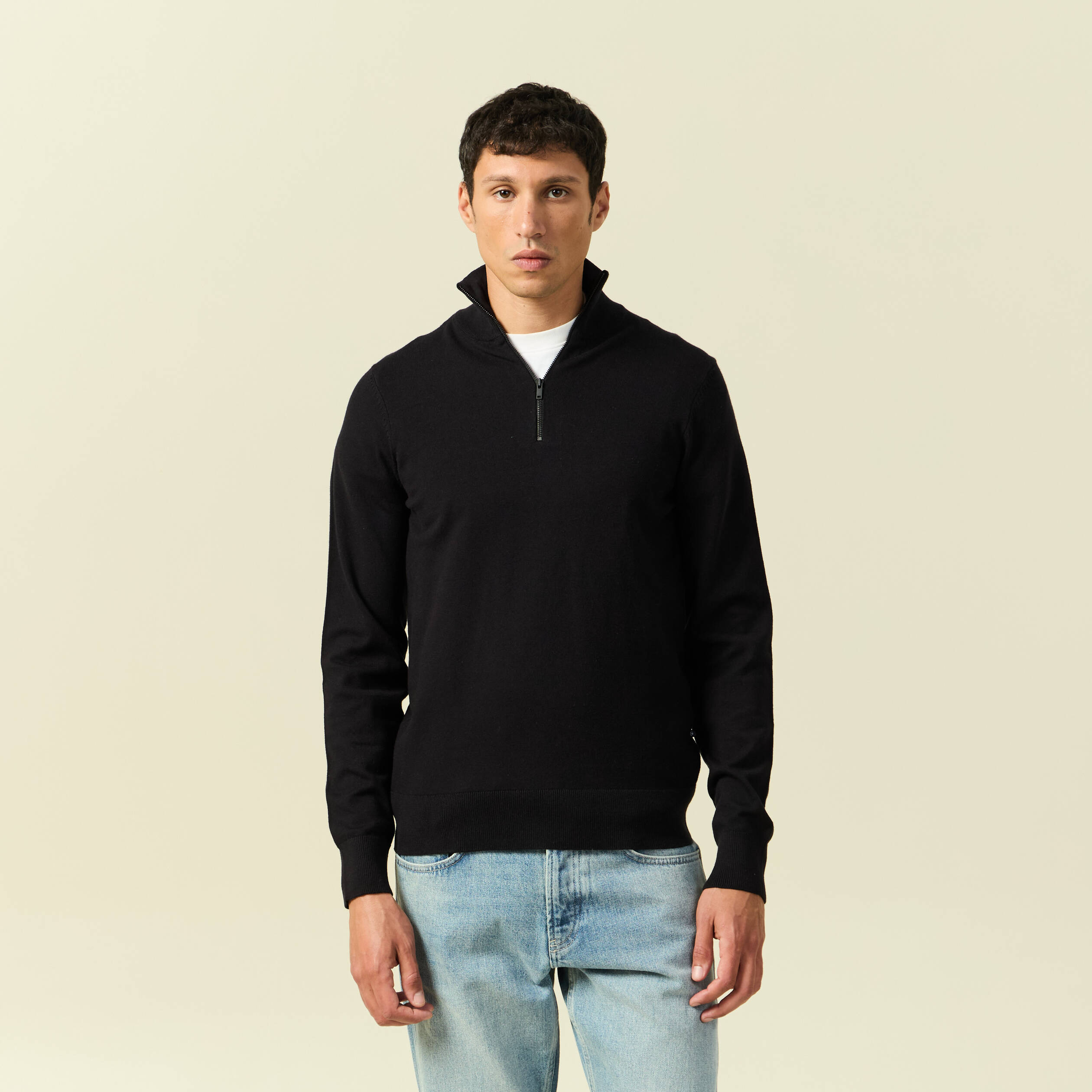 Pull fin col camionneur manches longues noir homme