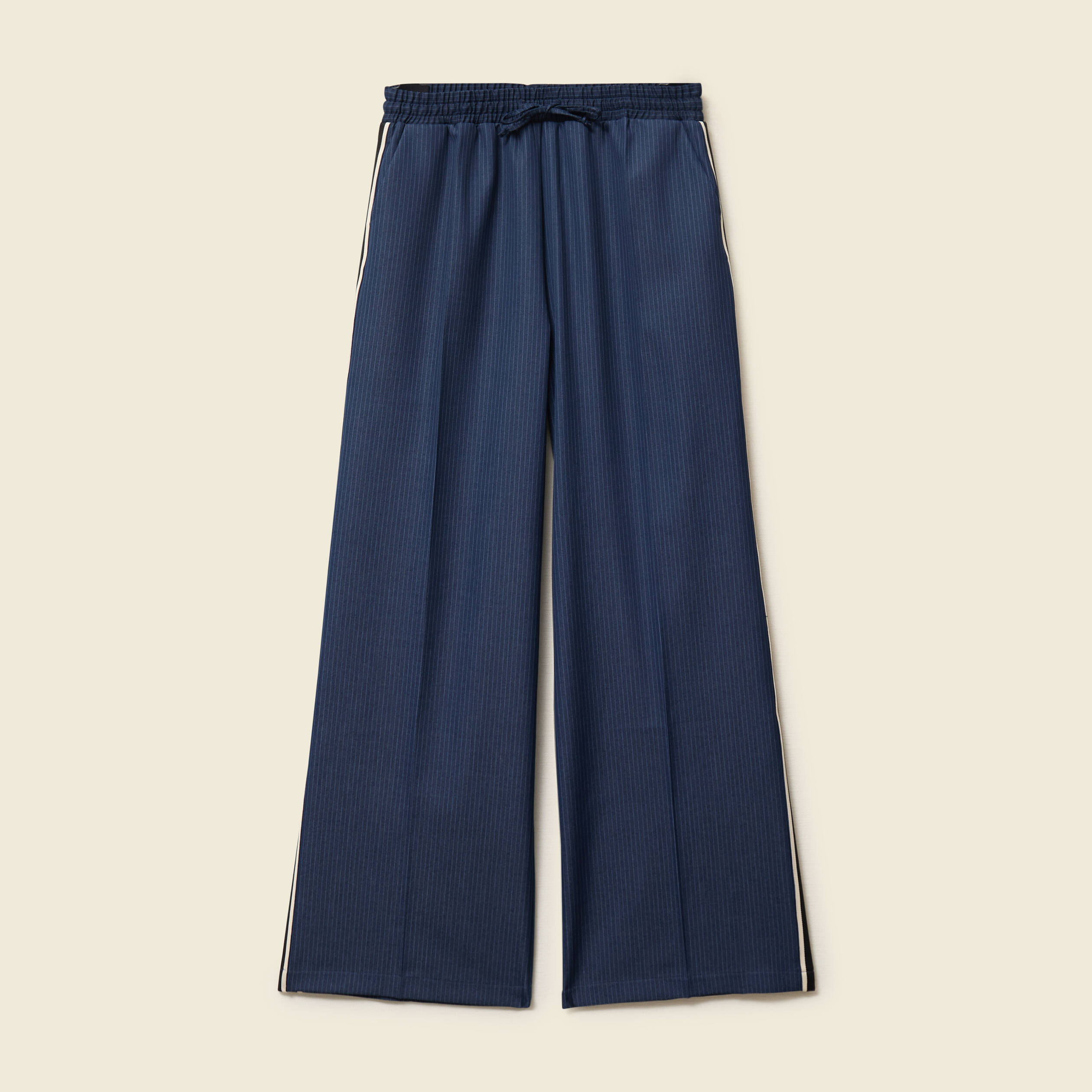 Pantalon large taille haute ray&eacute; bleu marine femme