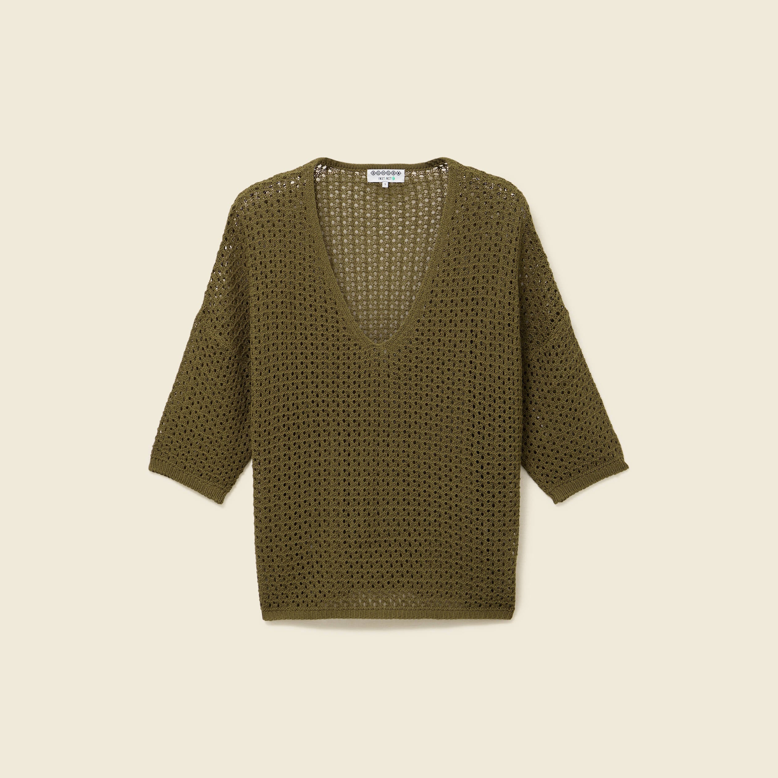Pull ajour&eacute; col v manches 3/4 vert olive femme