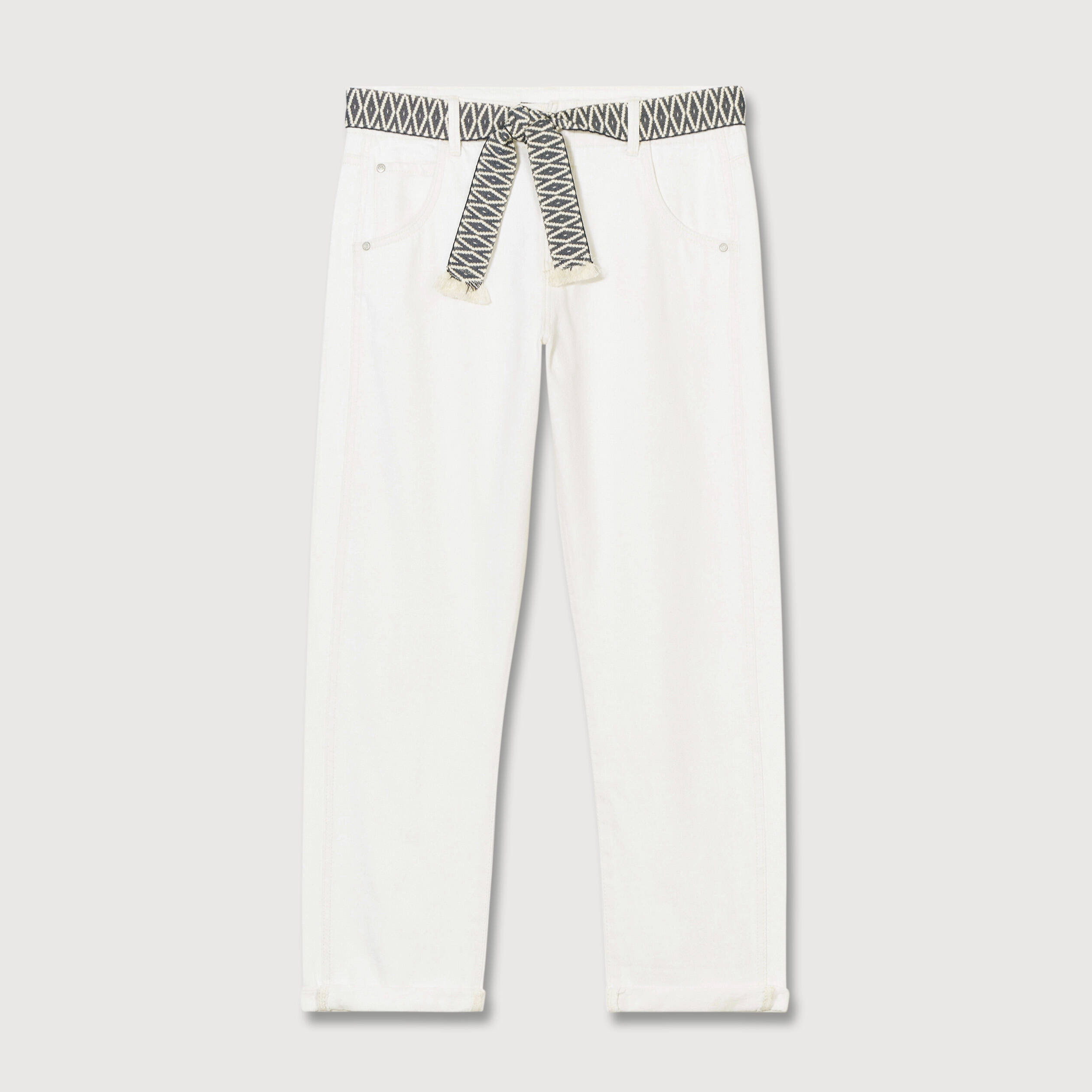 Jeans boyfriend ceintur&eacute; denim blanc femme