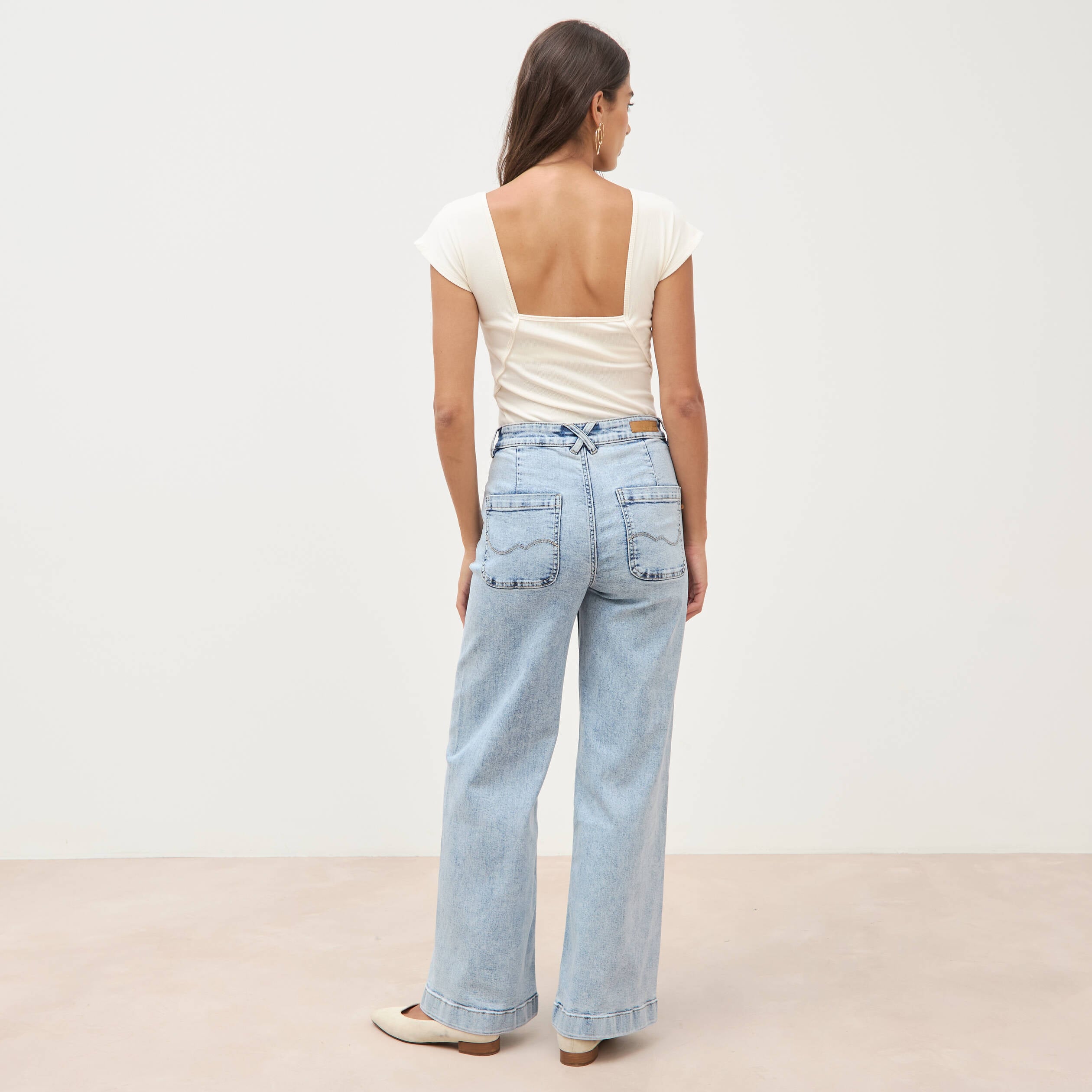 Jeans large taille haute denim bleach femme