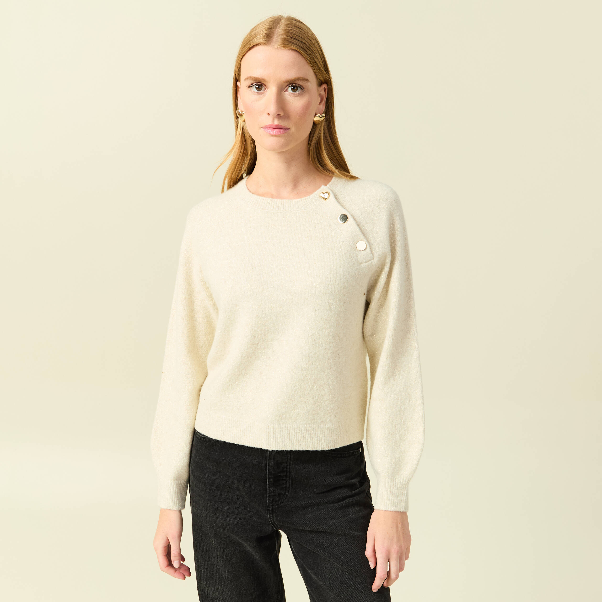 Pull manches longues col rond jaune femme