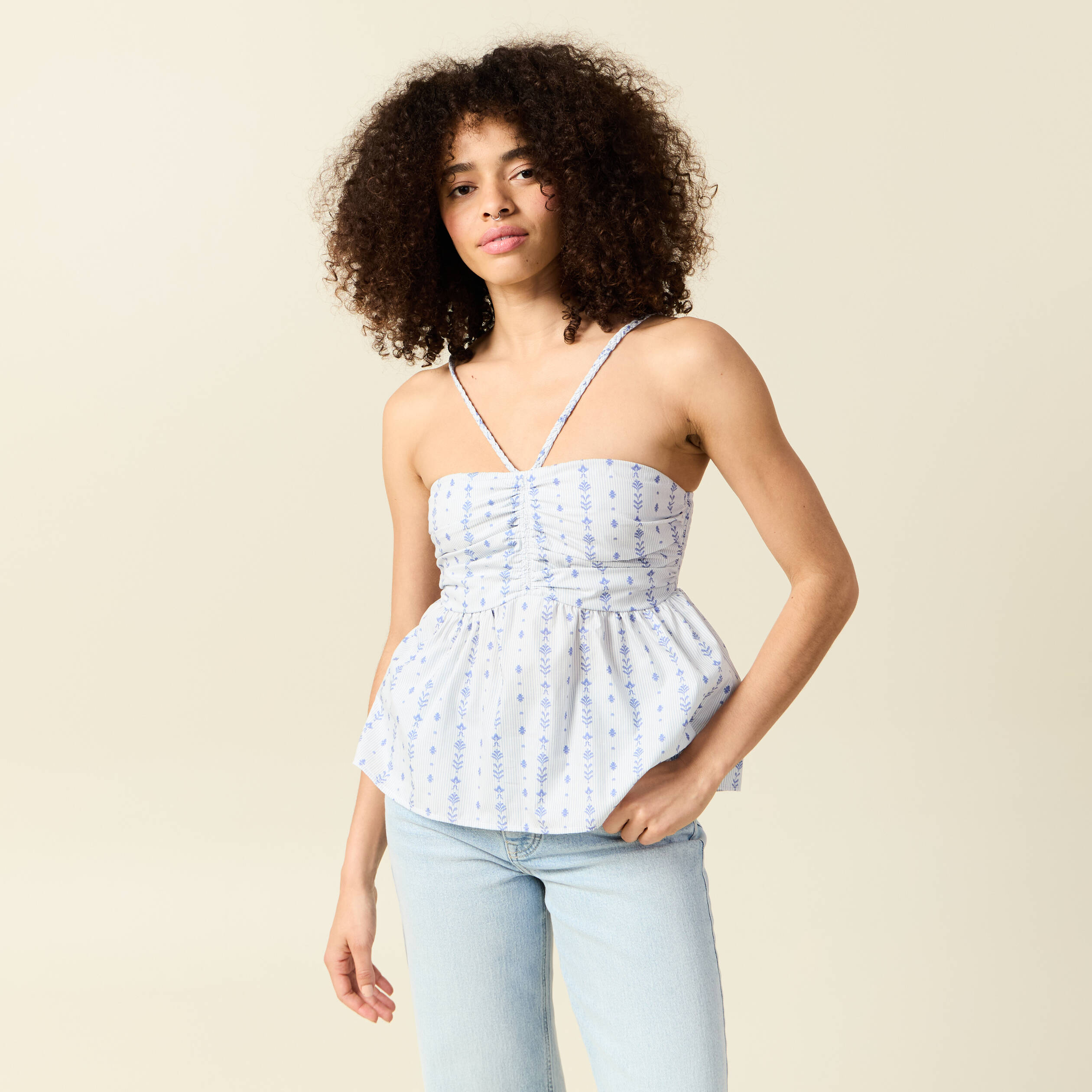 top col droit a bretelles en coton bleu clair femme Top col droit à bretelles en coton bleu clair femme